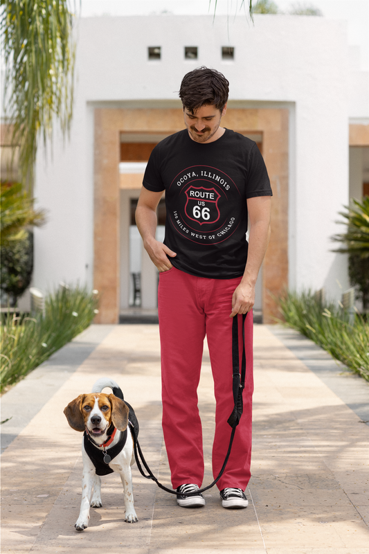 Male model walking his beagle and wearing a black retro Route 66 unisex jersey tee with a Ocoya, IL: "100 Miles West of Chicago" design and red oversized pants