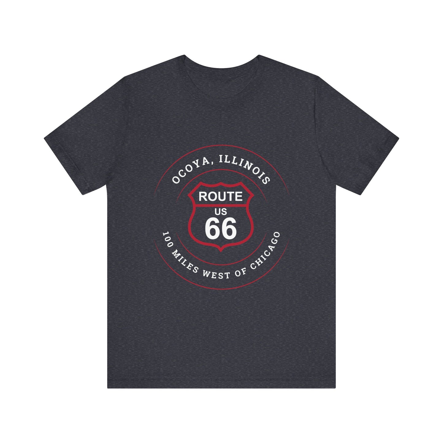Heather navy retro Route 66 unisex jersey tee with Ocoya, IL: "100 Miles West of Chicago" design