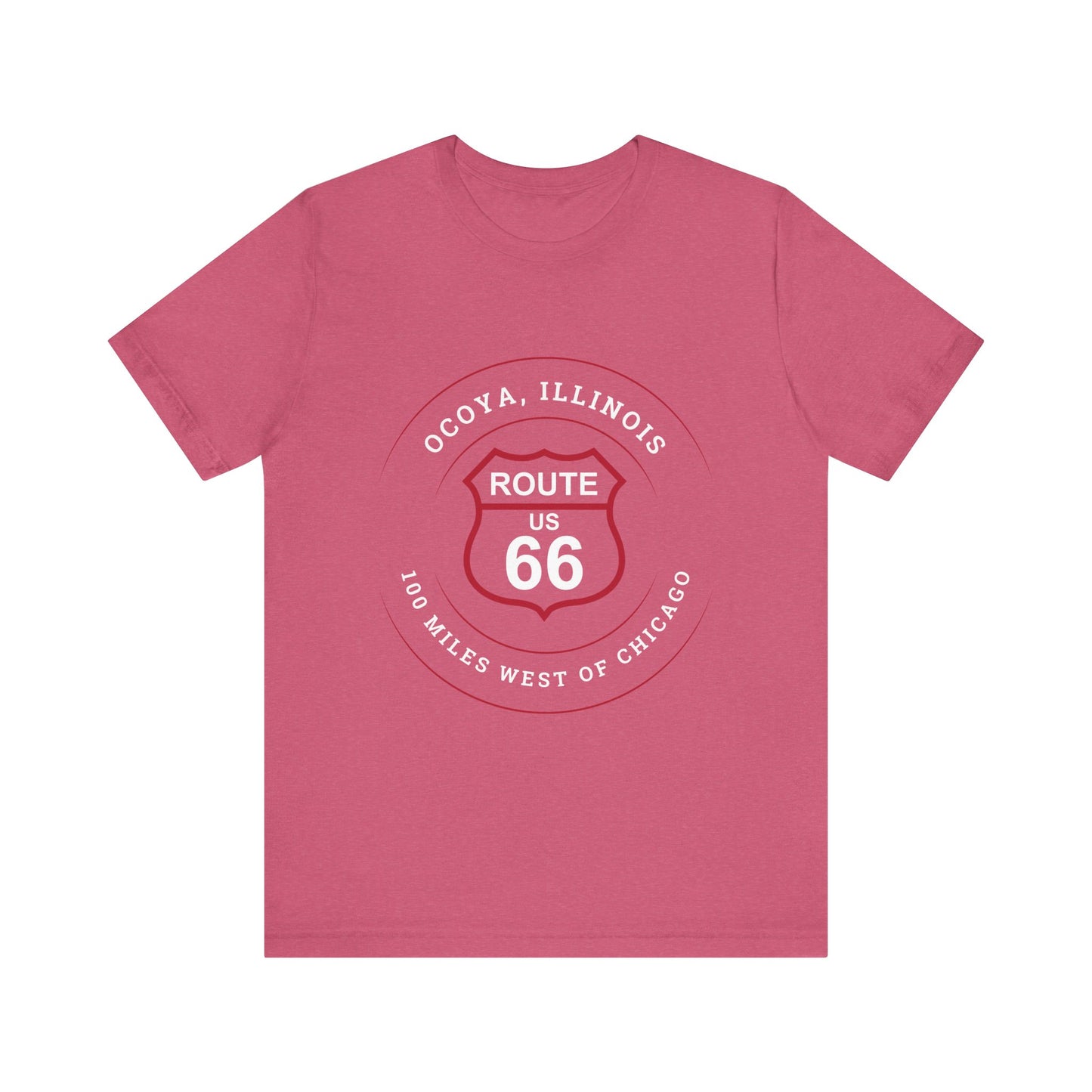 Heather raspberry retro Route 66 unisex jersey tee with Ocoya, IL: "100 Miles West of Chicago" design