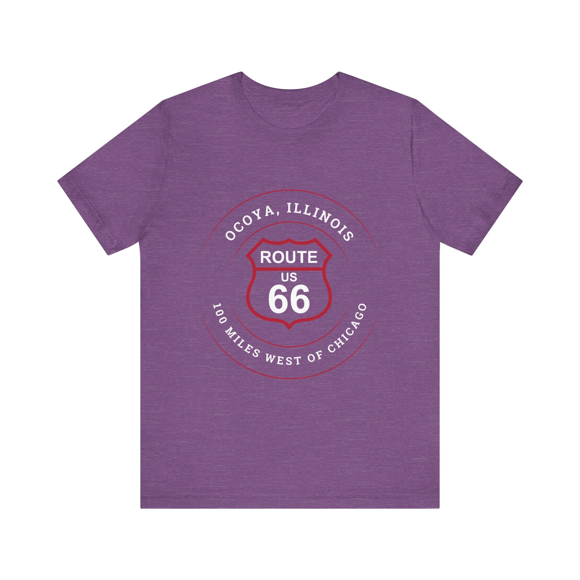 Heather team purple retro Route 66 unisex jersey tee with Ocoya, IL: "100 Miles West of Chicago" design