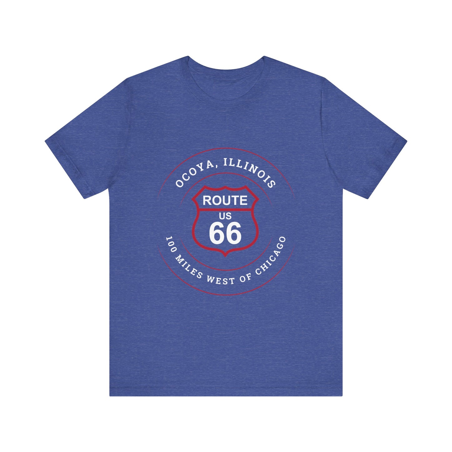 Heather true royal retro Route 66 unisex jersey tee with Ocoya, IL: "100 Miles West of Chicago" design