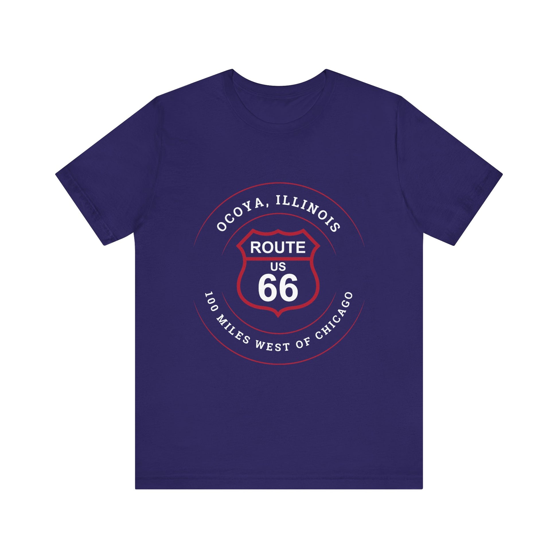 Team navy retro Route 66 unisex jersey tee with Ocoya, IL: "100 Miles West of Chicago" design
