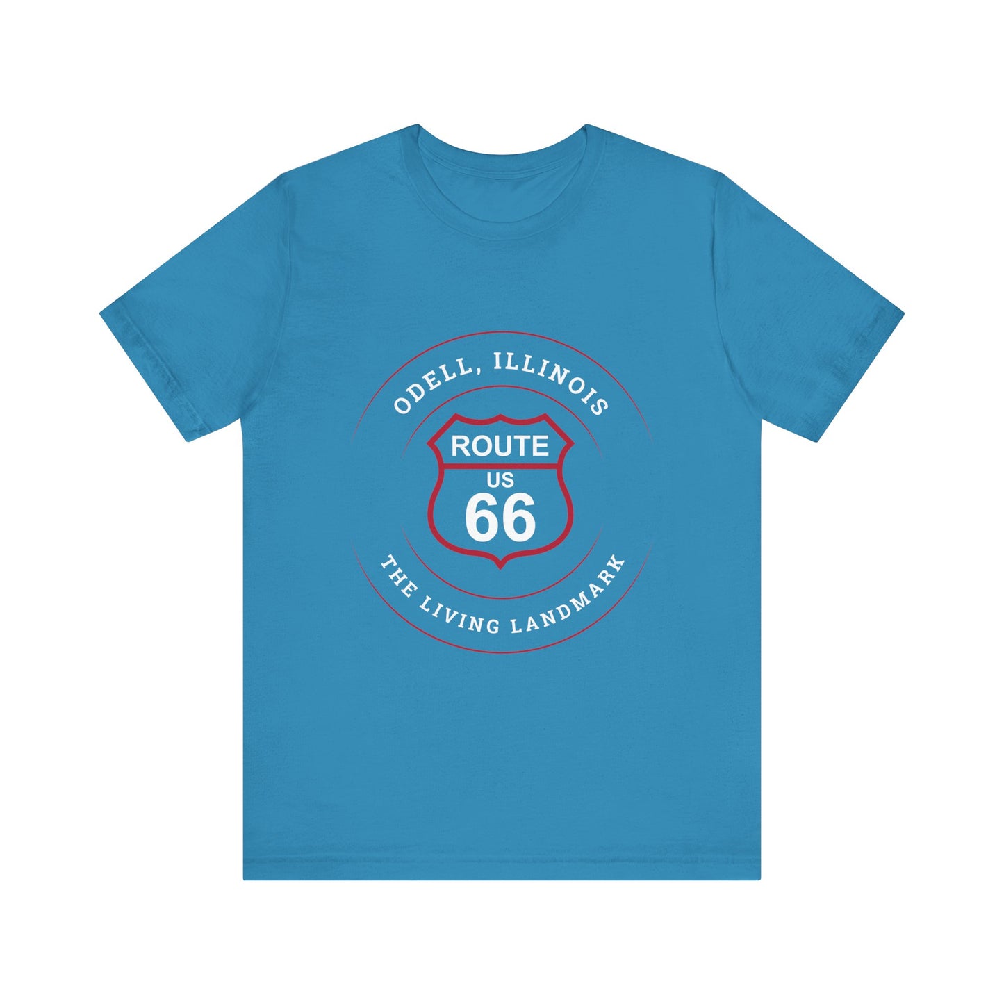 Aqua retro Route 66 unisex jersey tee with Odell, IL: "The Living Landmark" design