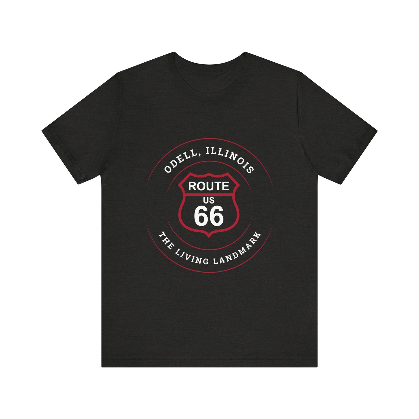 Black heather retro Route 66 unisex jersey tee with Odell, IL: "The Living Landmark" design