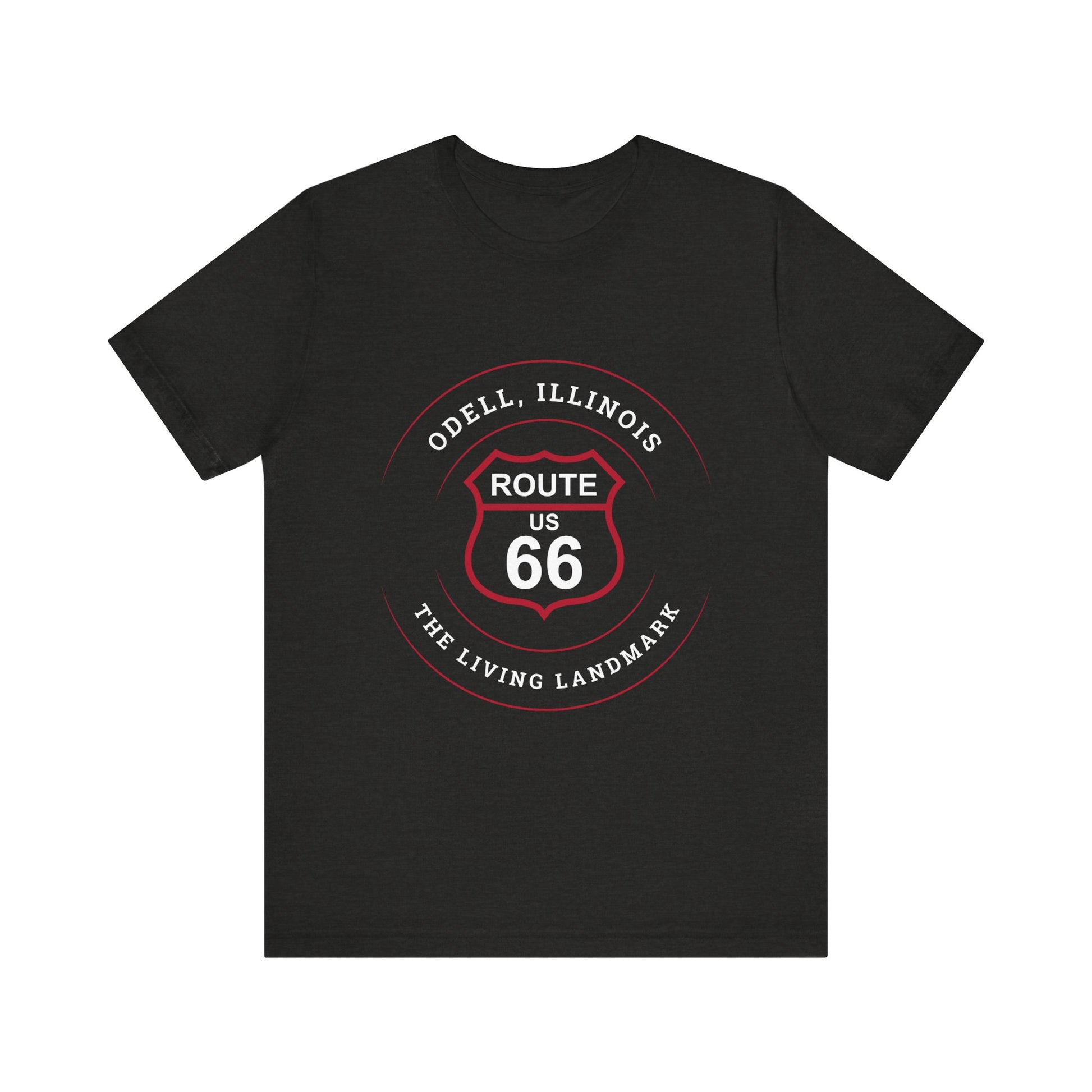 Black heather retro Route 66 unisex jersey tee with Odell, IL: "The Living Landmark" design