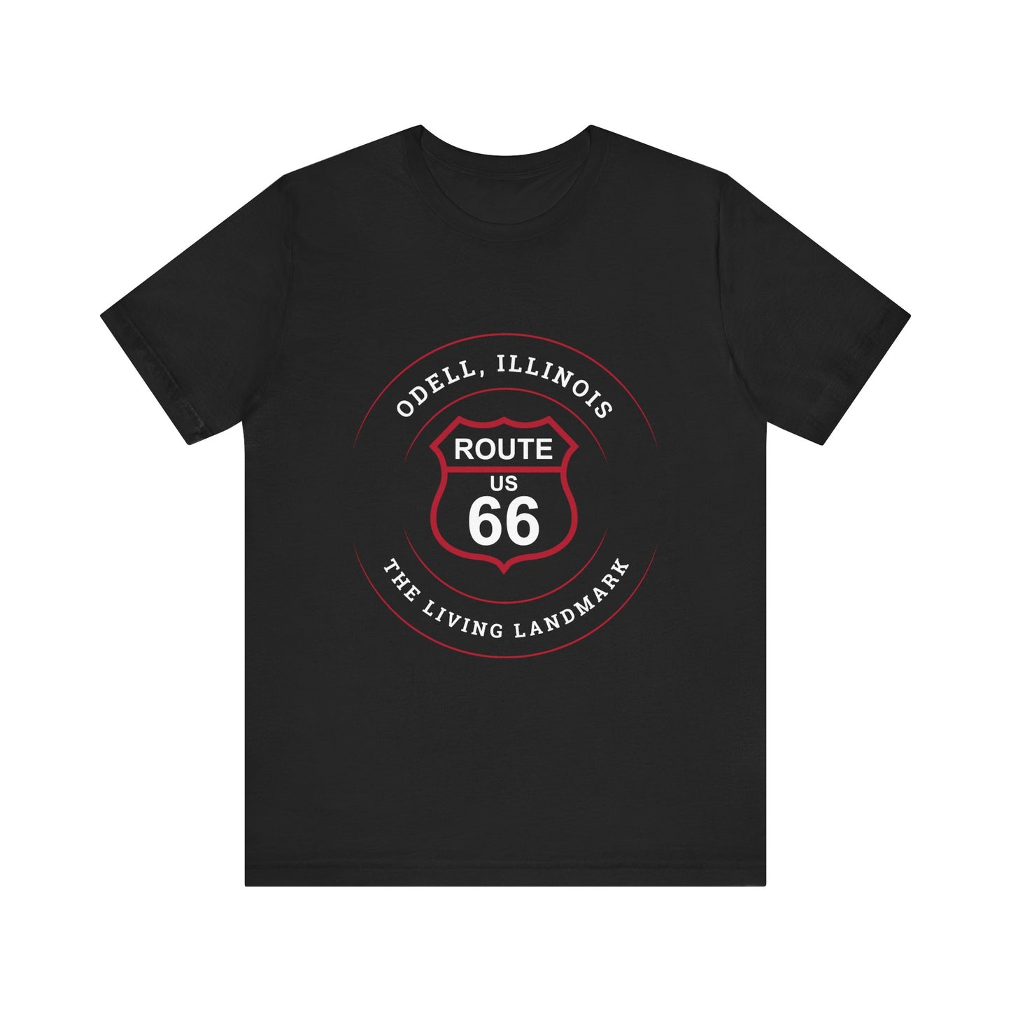 Black retro Route 66 unisex jersey tee with Odell, IL: "The Living Landmark" design