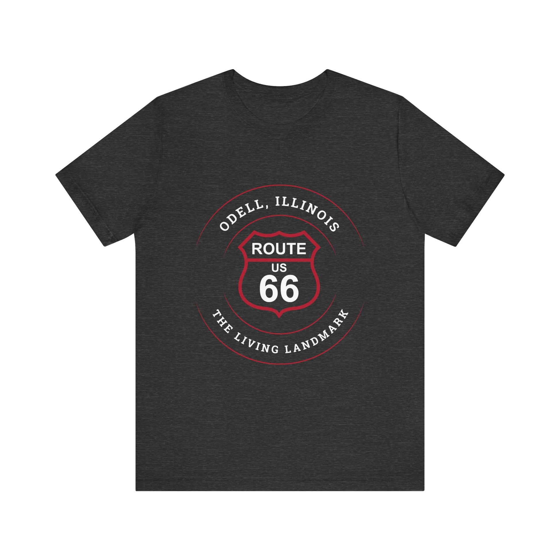 Dark grey heather retro Route 66 unisex jersey tee with Odell, IL: "The Living Landmark" design