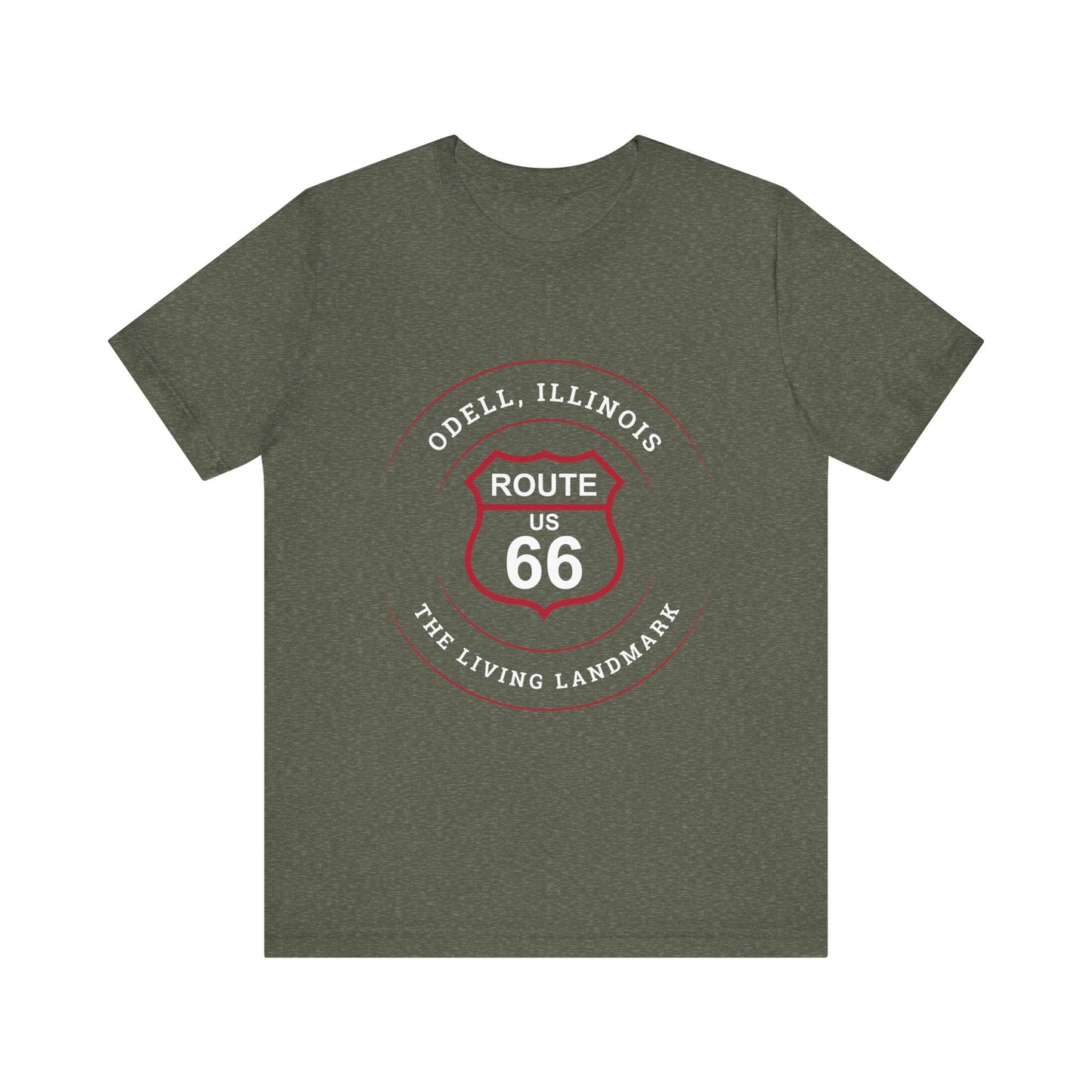 Heather military green retro Route 66 unisex jersey tee with Odell, IL: "The Living Landmark" design