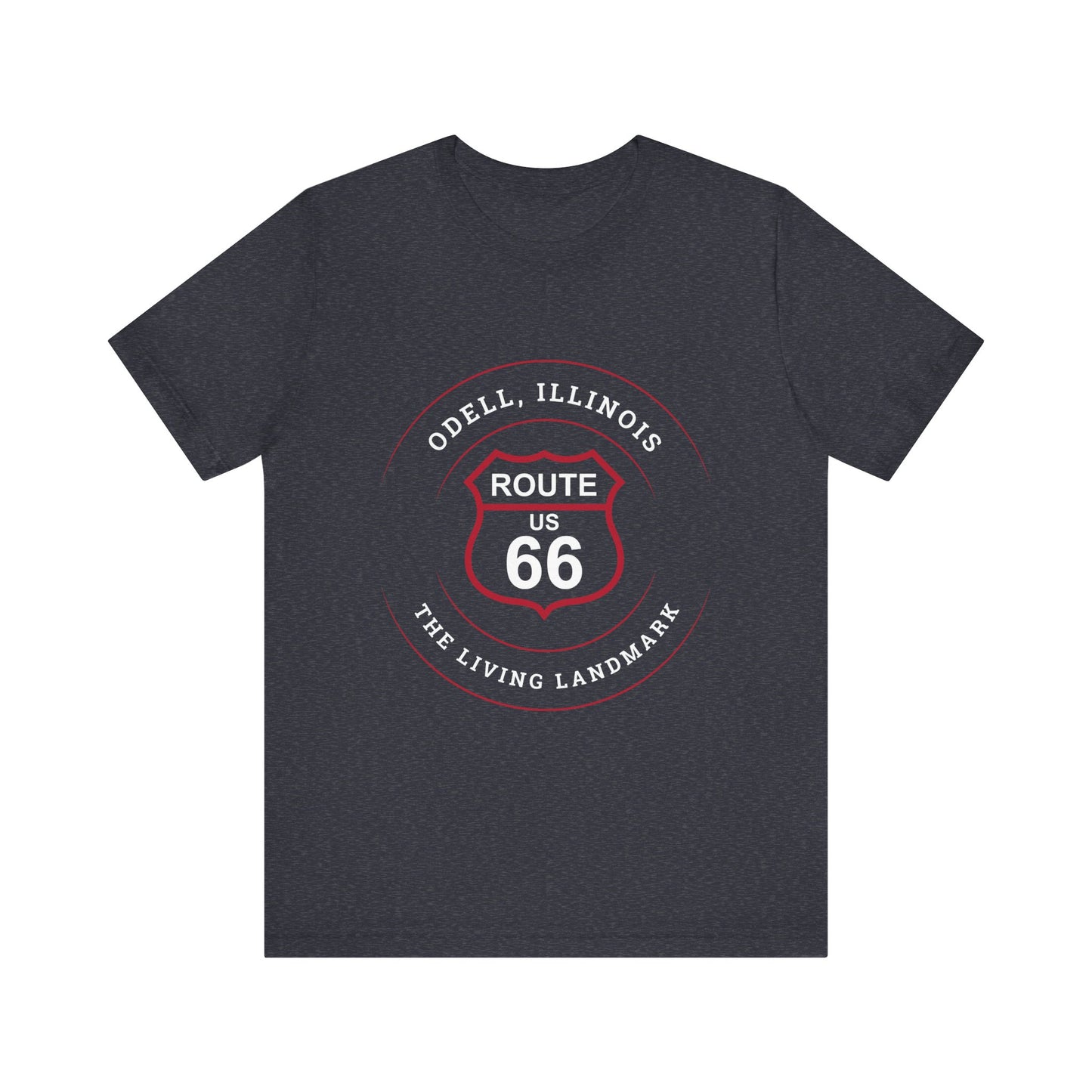 Heather navy retro Route 66 unisex jersey tee with Odell, IL: "The Living Landmark" design