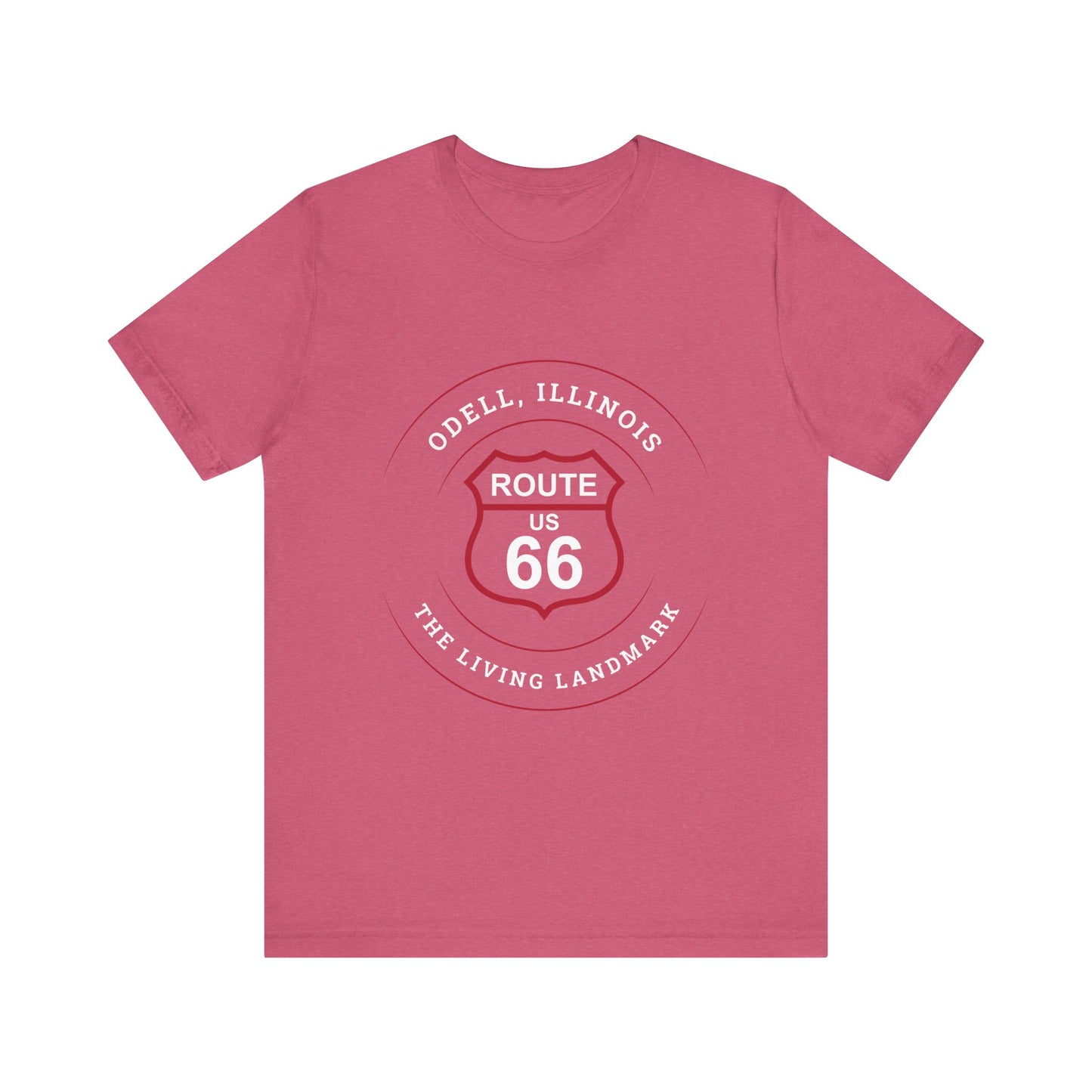 Heather raspberry retro Route 66 unisex jersey tee with Odell, IL: "The Living Landmark" design