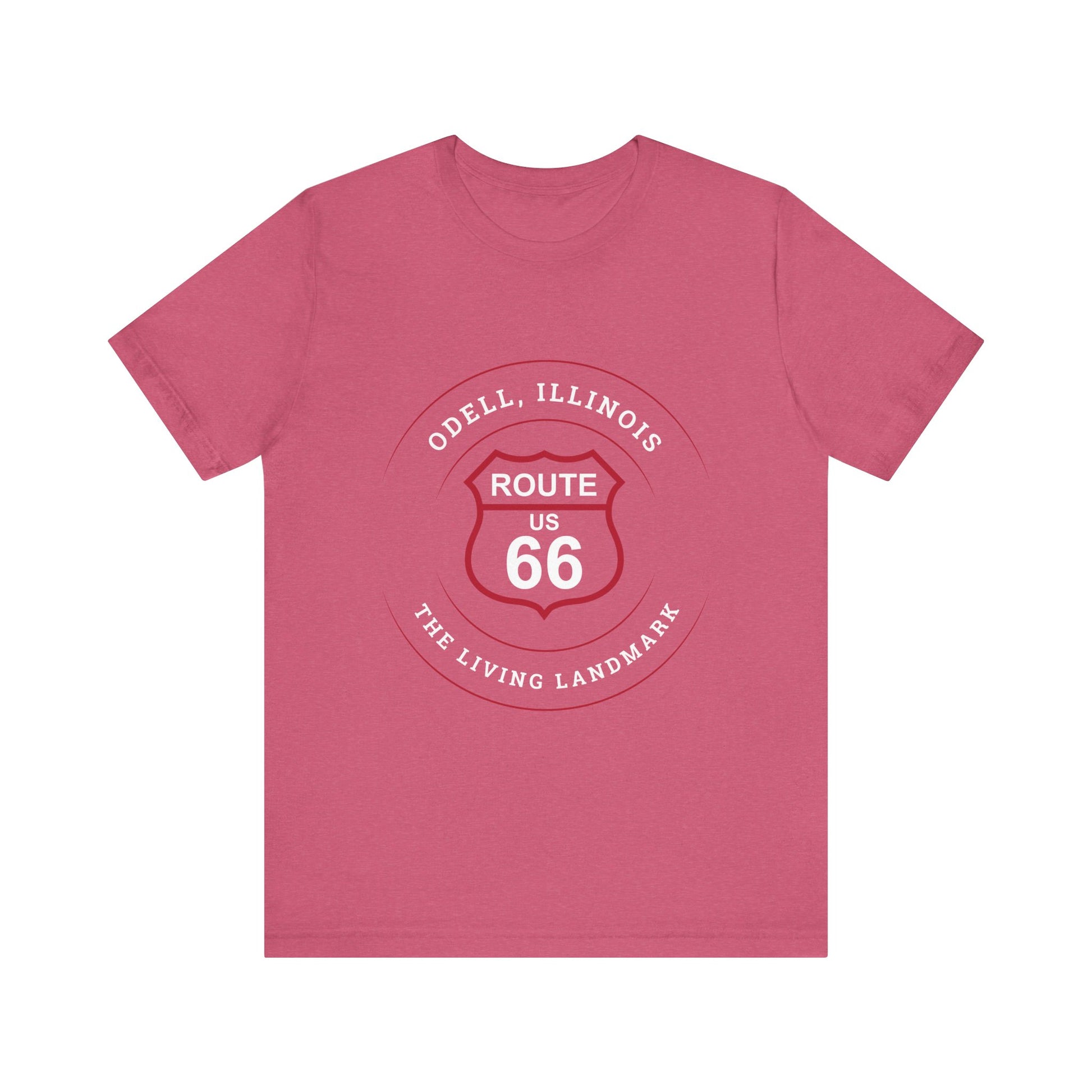 Heather raspberry retro Route 66 unisex jersey tee with Odell, IL: "The Living Landmark" design