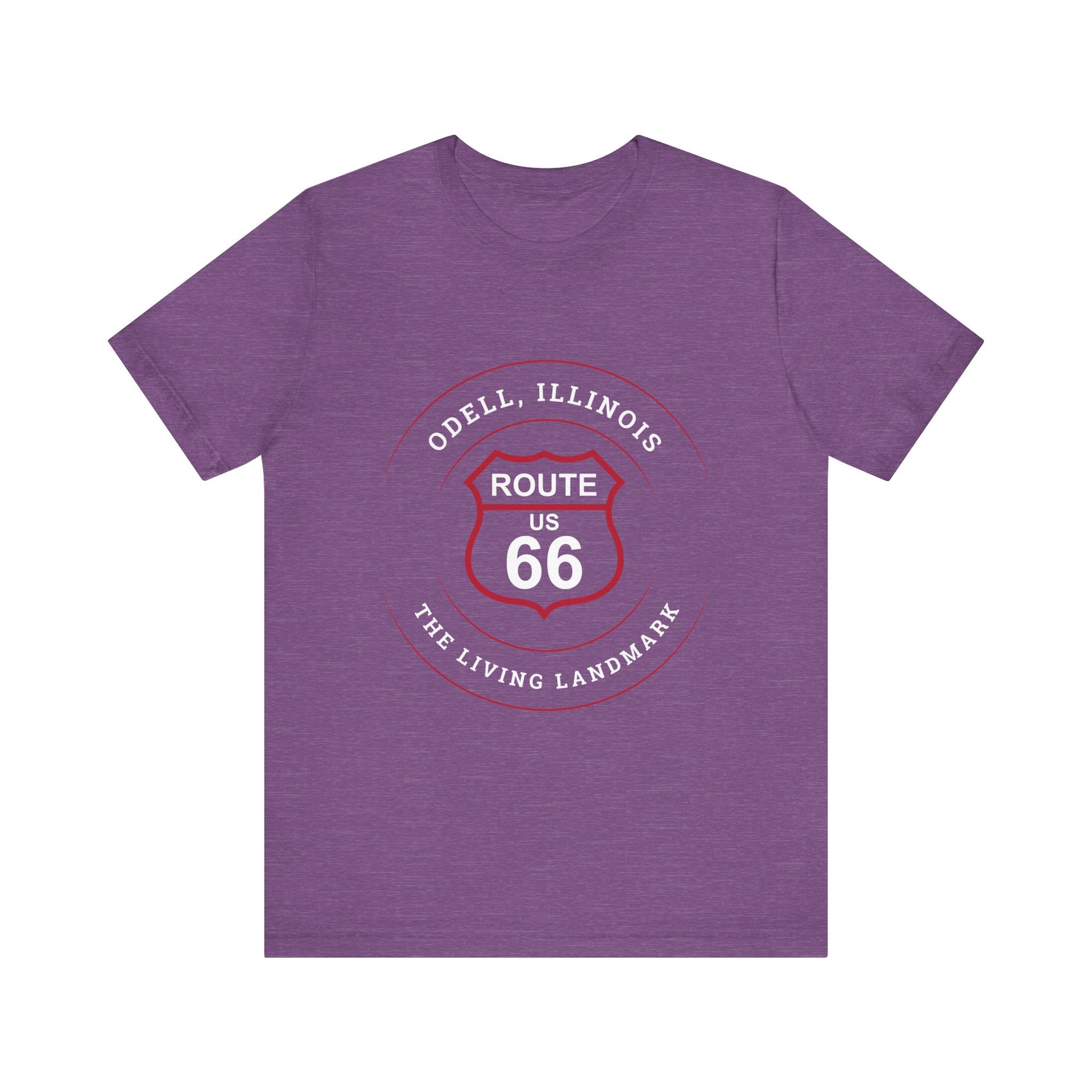 Heather team purple retro Route 66 unisex jersey tee with Odell, IL: "The Living Landmark" design