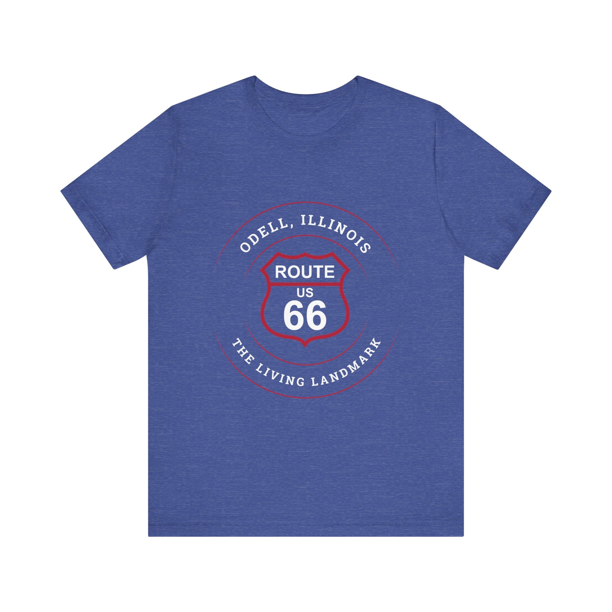 Heather true royal retro Route 66 unisex jersey tee with Odell, IL: "The Living Landmark" design