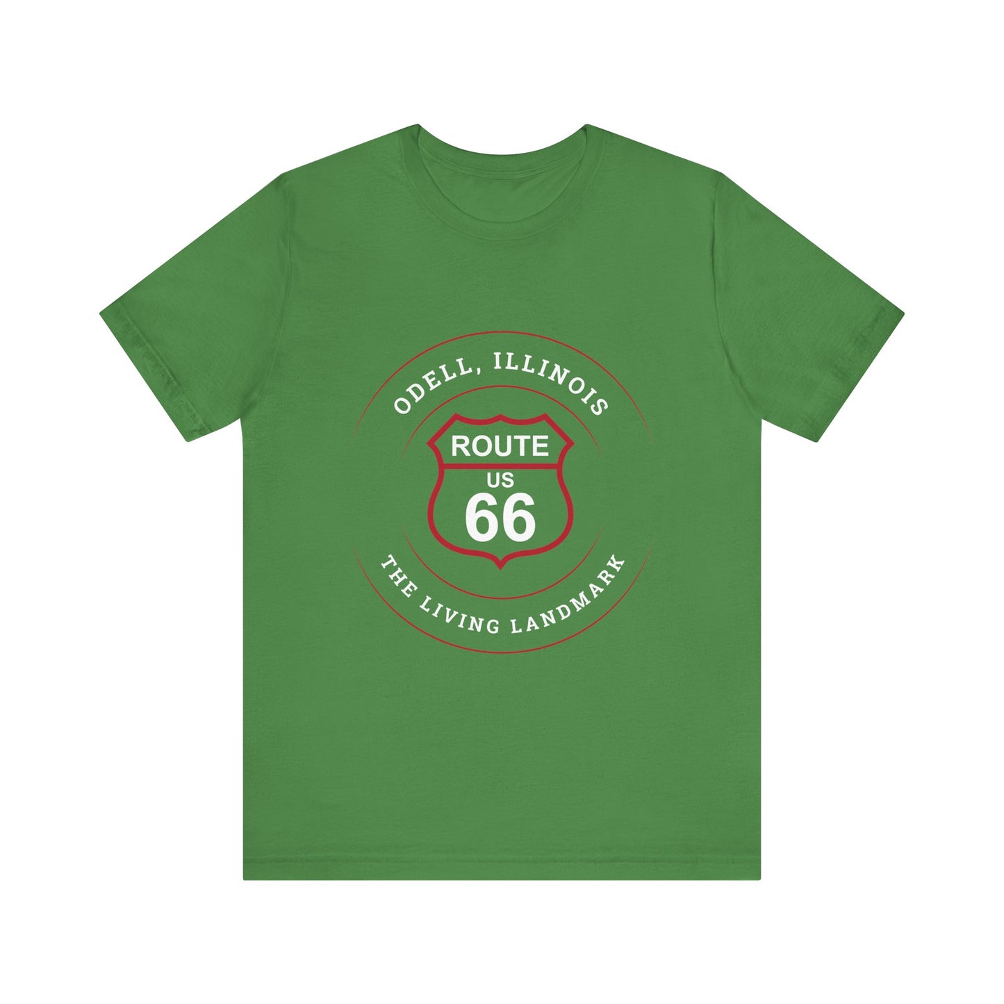 Leaf retro Route 66 unisex jersey tee with Odell, IL: "The Living Landmark" design