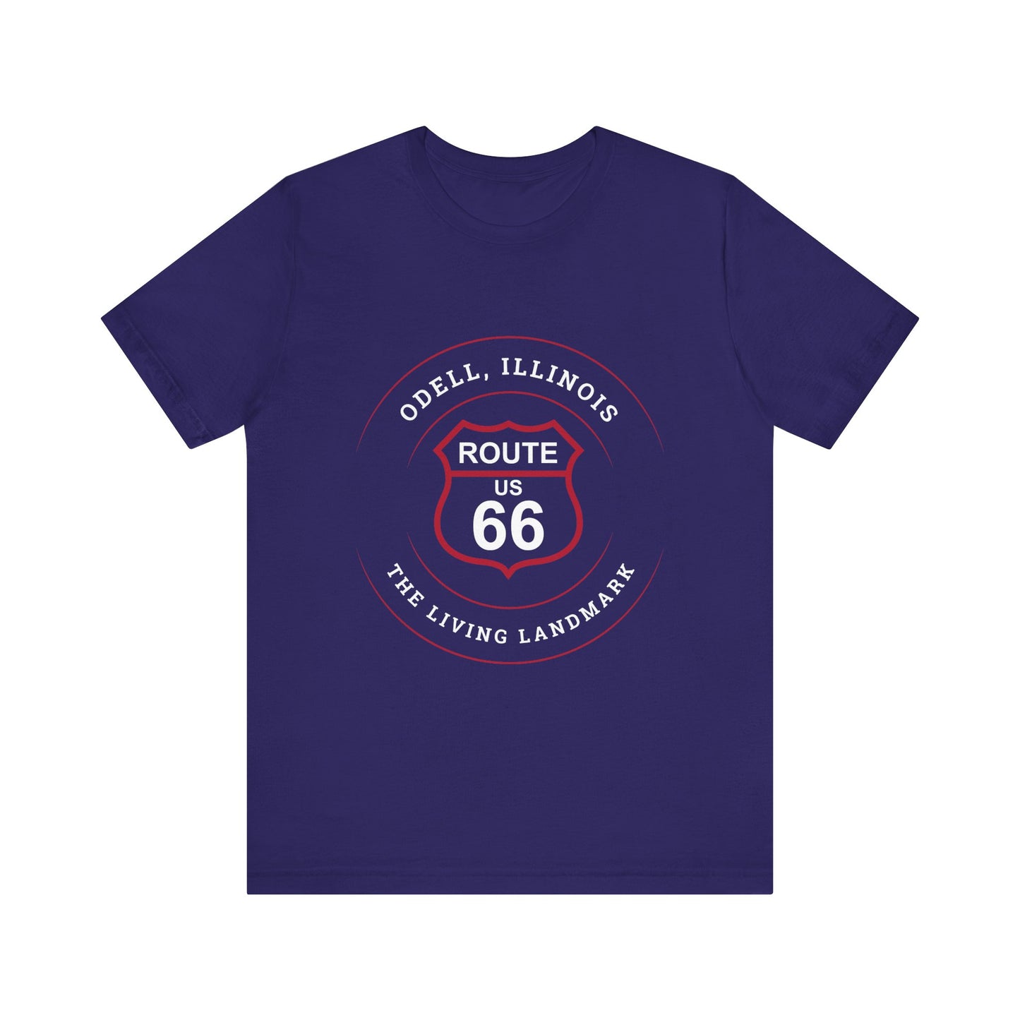 Team navy retro Route 66 unisex jersey tee with Odell, IL: "The Living Landmark" design