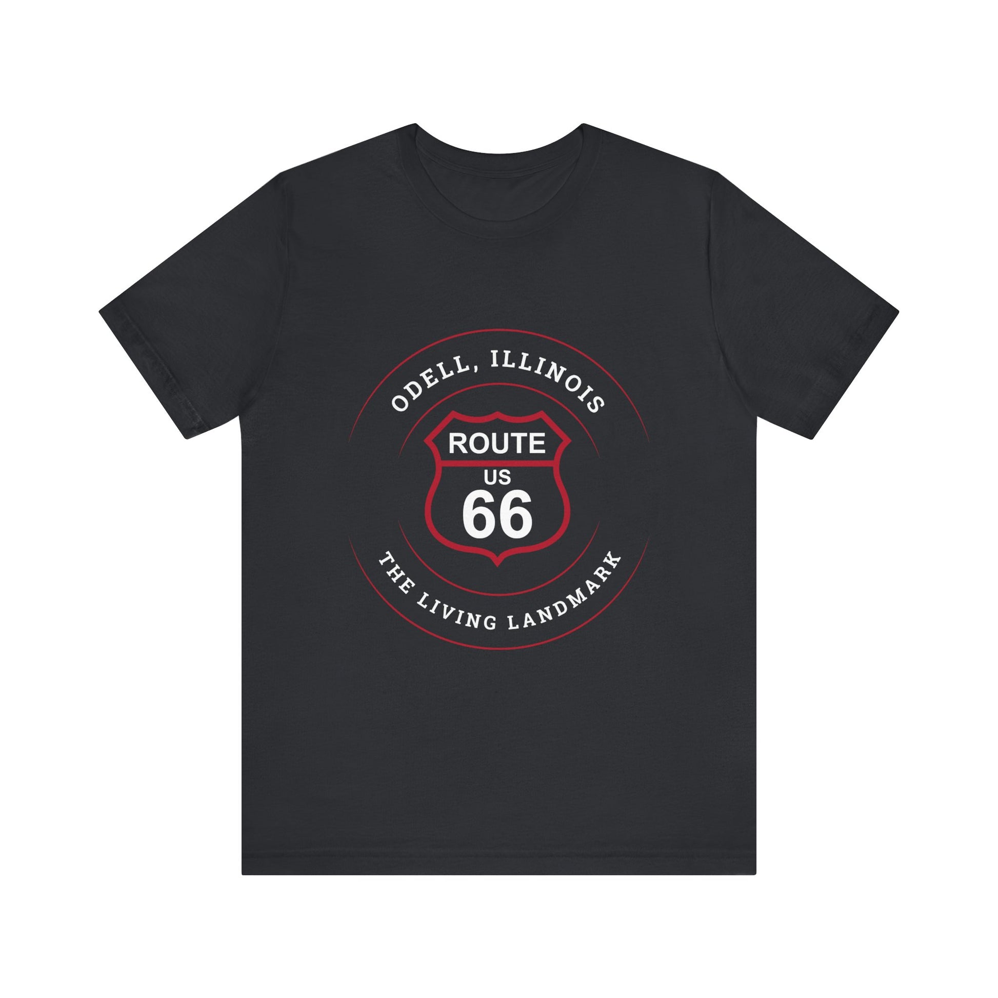 Vintage black retro Route 66 unisex jersey tee with Odell, IL: "The Living Landmark" design