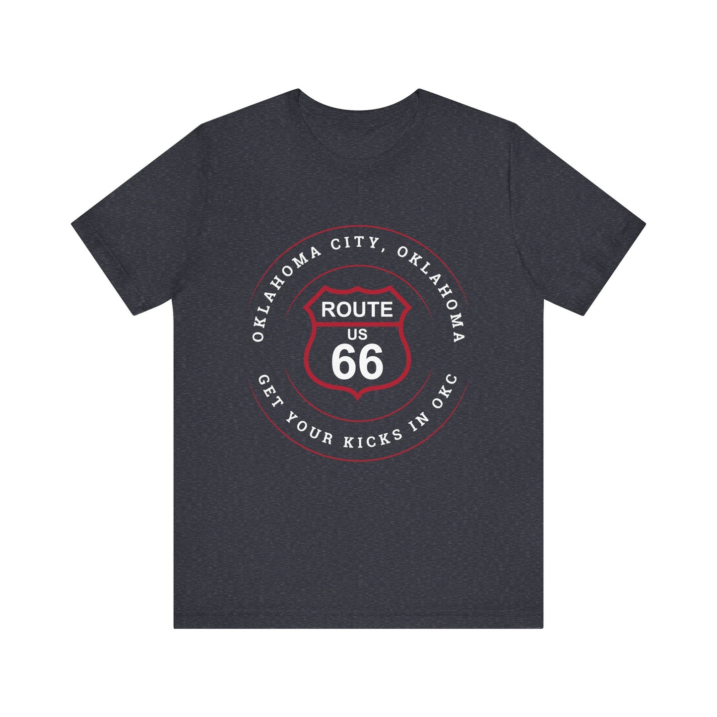 Heather navy retro Route 66 unisex jersey tee with Oklahoma City, OK "Get Your Kicks in OKC" design