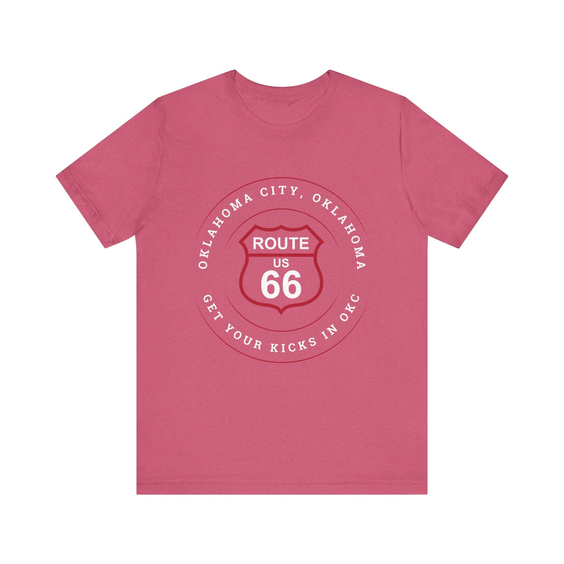 Heather raspberry retro Route 66 unisex jersey tee with Oklahoma City, OK "Get Your Kicks in OKC" design
