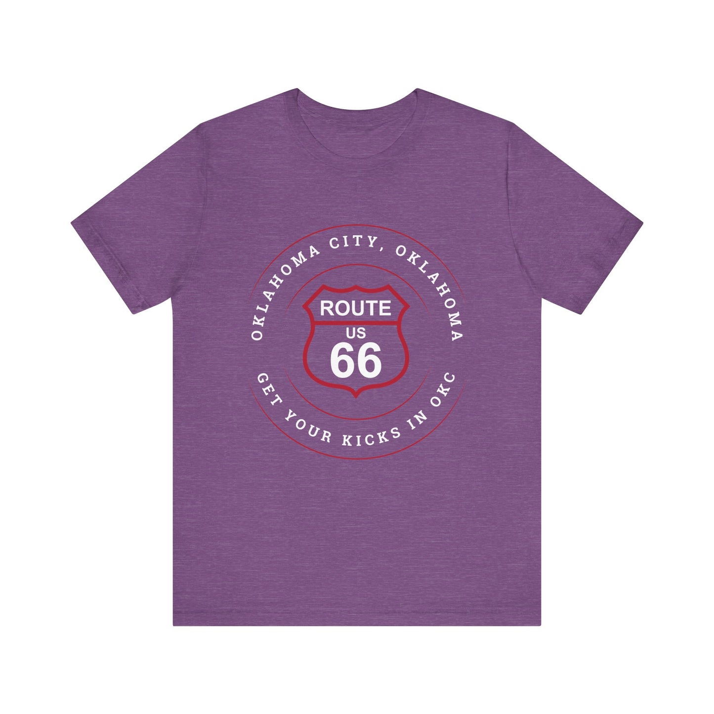 Heather team purple retro Route 66 unisex jersey tee with Oklahoma City, OK "Get Your Kicks in OKC" design