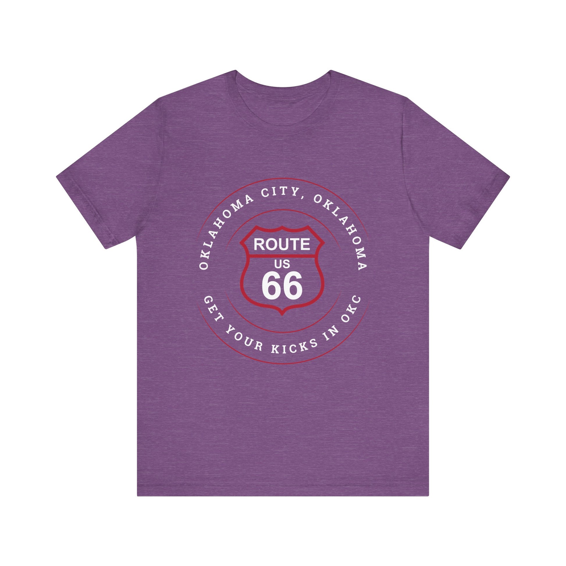 Heather team purple retro Route 66 unisex jersey tee with Oklahoma City, OK "Get Your Kicks in OKC" design