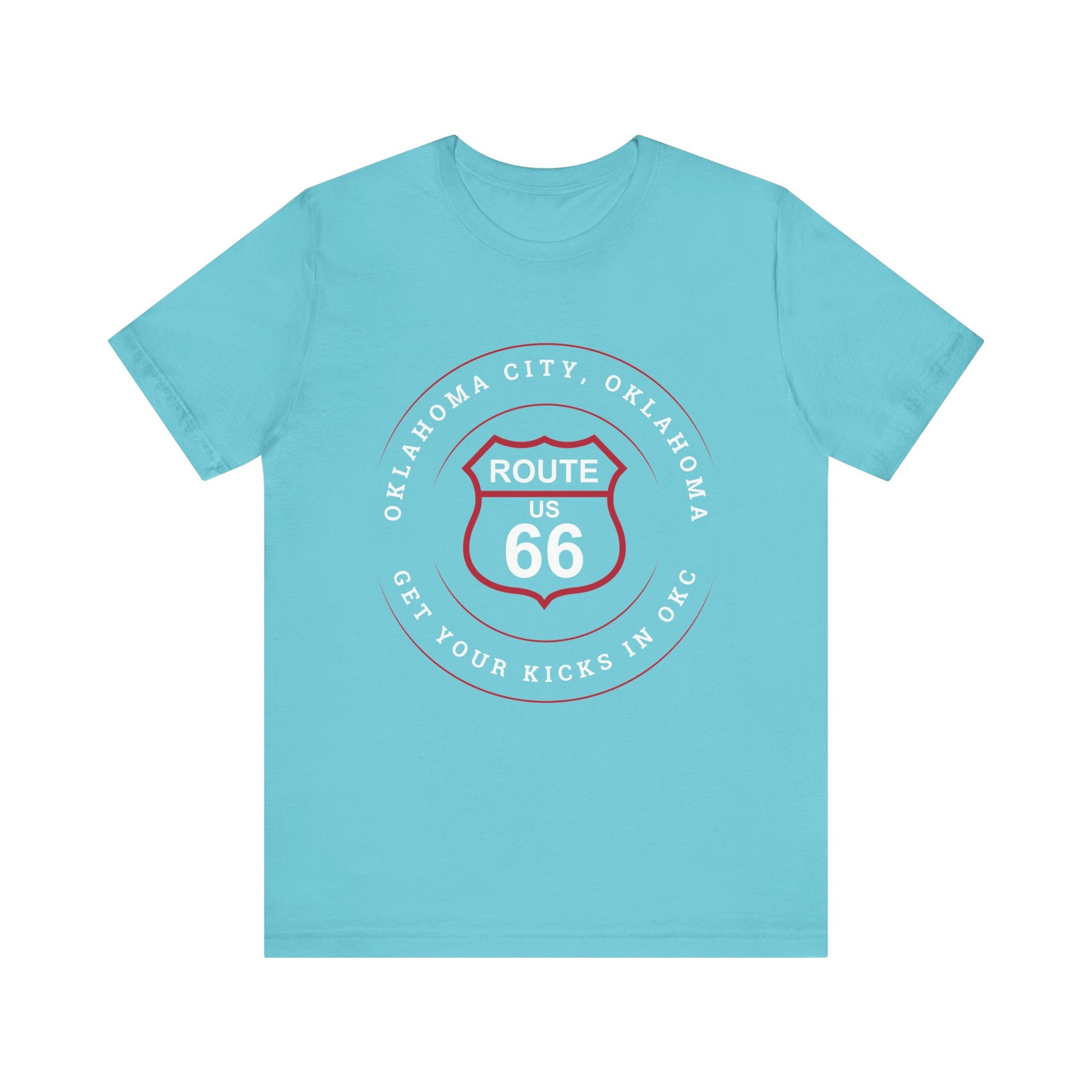 Turquoise retro Route 66 unisex jersey tee with Oklahoma City, OK "Get Your Kicks in OKC" design