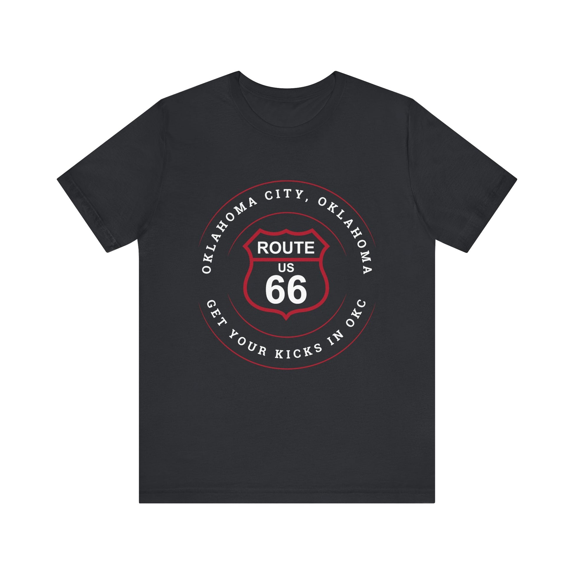 Vintage black retro Route 66 unisex jersey tee with Oklahoma City, OK "Get Your Kicks in OKC" design