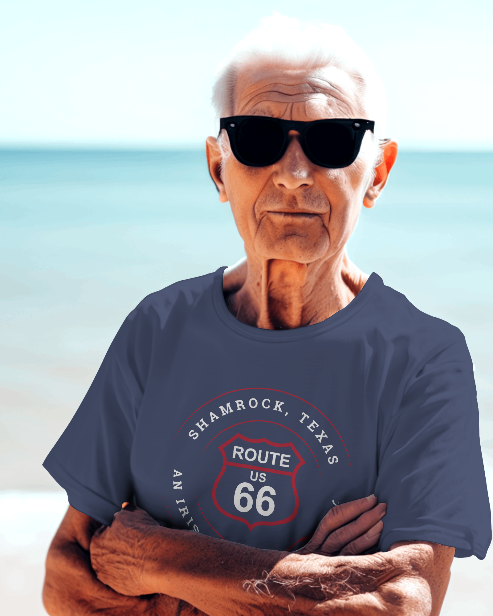Older male model wearing heather true royal retro Route 66 unisex jersey tee with Shamrock, TX: An Irish Touch on Route 66