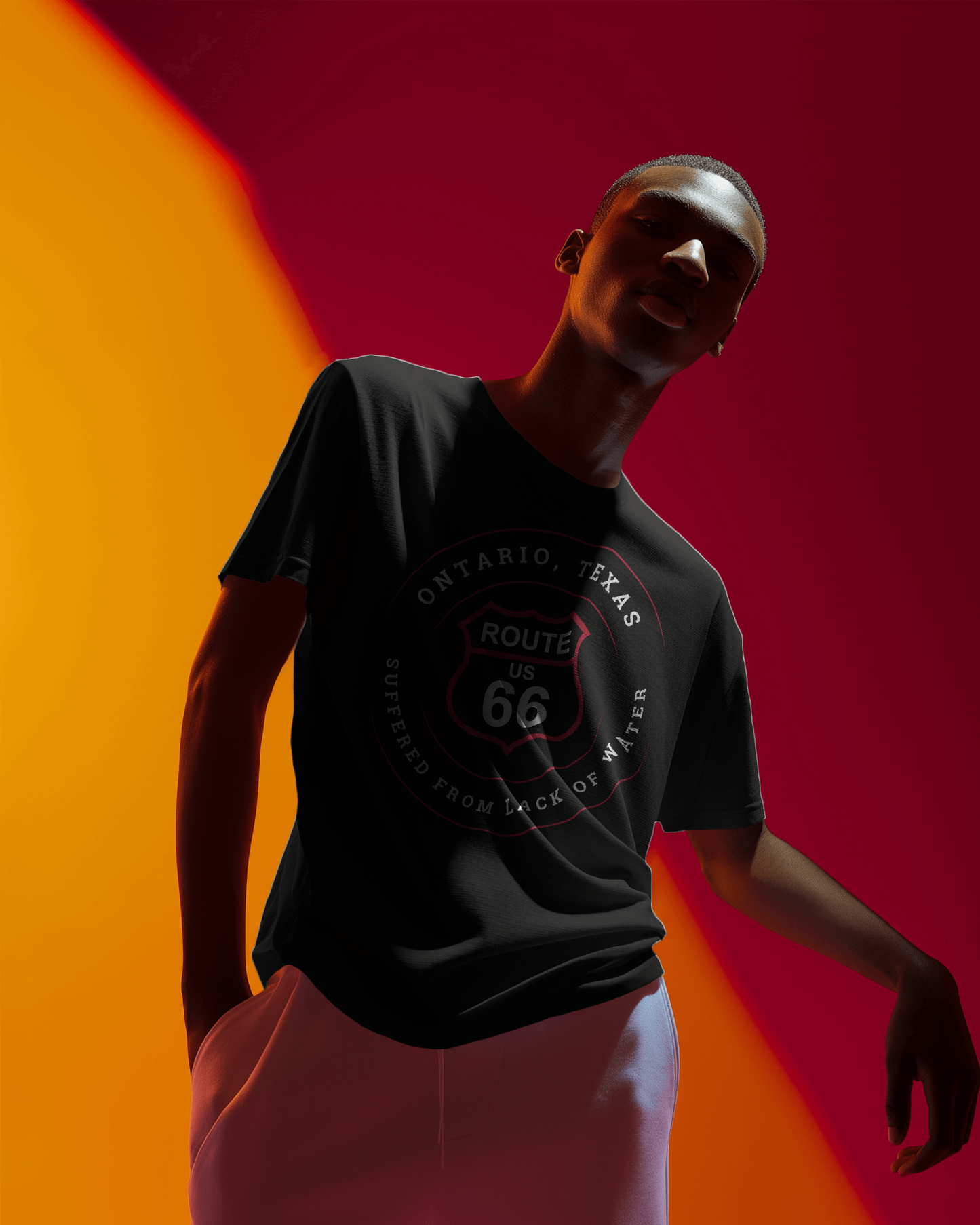 Male model wearing heather team purple retro Route 66 unisex jersey tee with Ontario, TX: Suffered From a Lack of Water