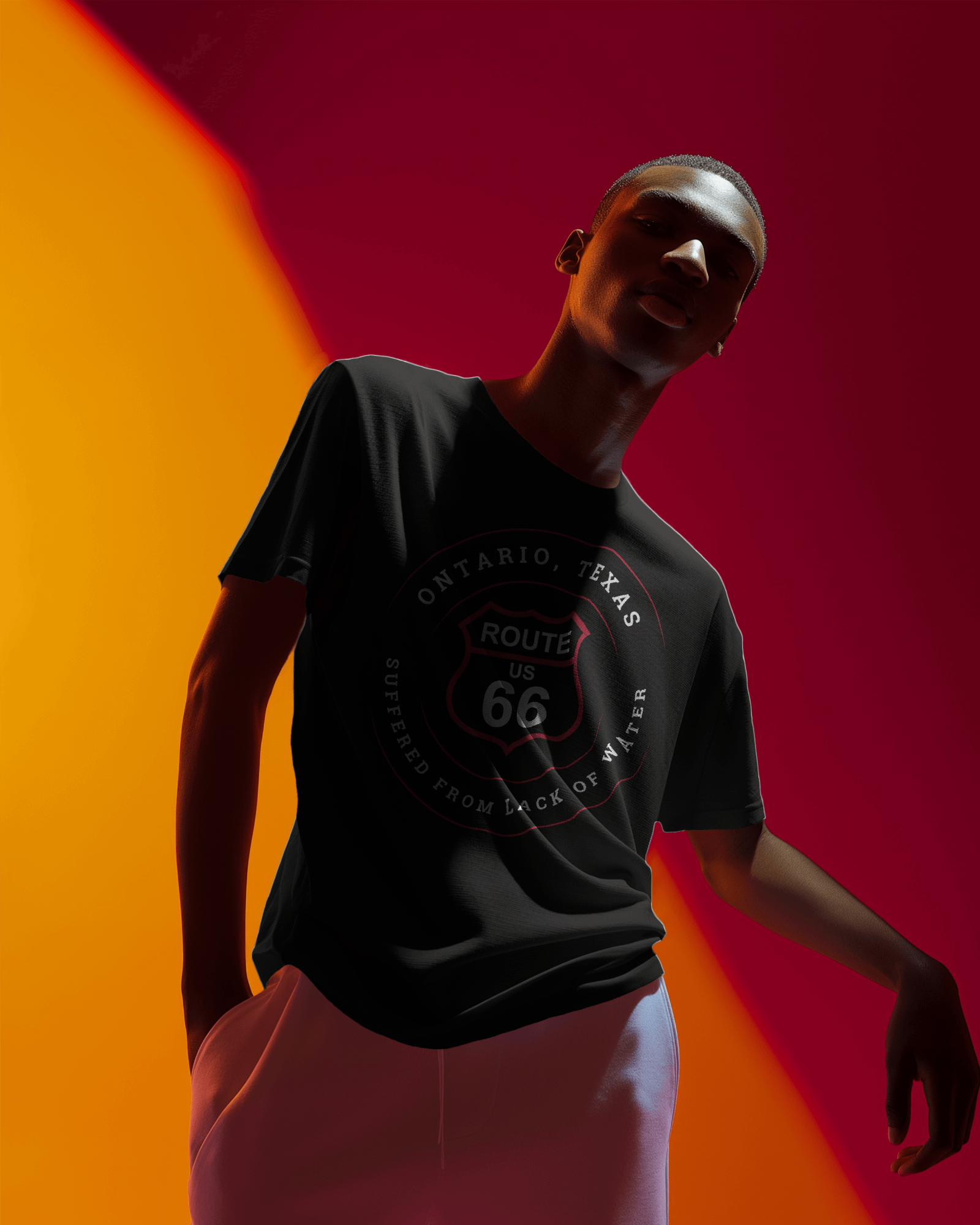 Male model wearing heather team purple retro Route 66 unisex jersey tee with Ontario, TX: Suffered From a Lack of Water