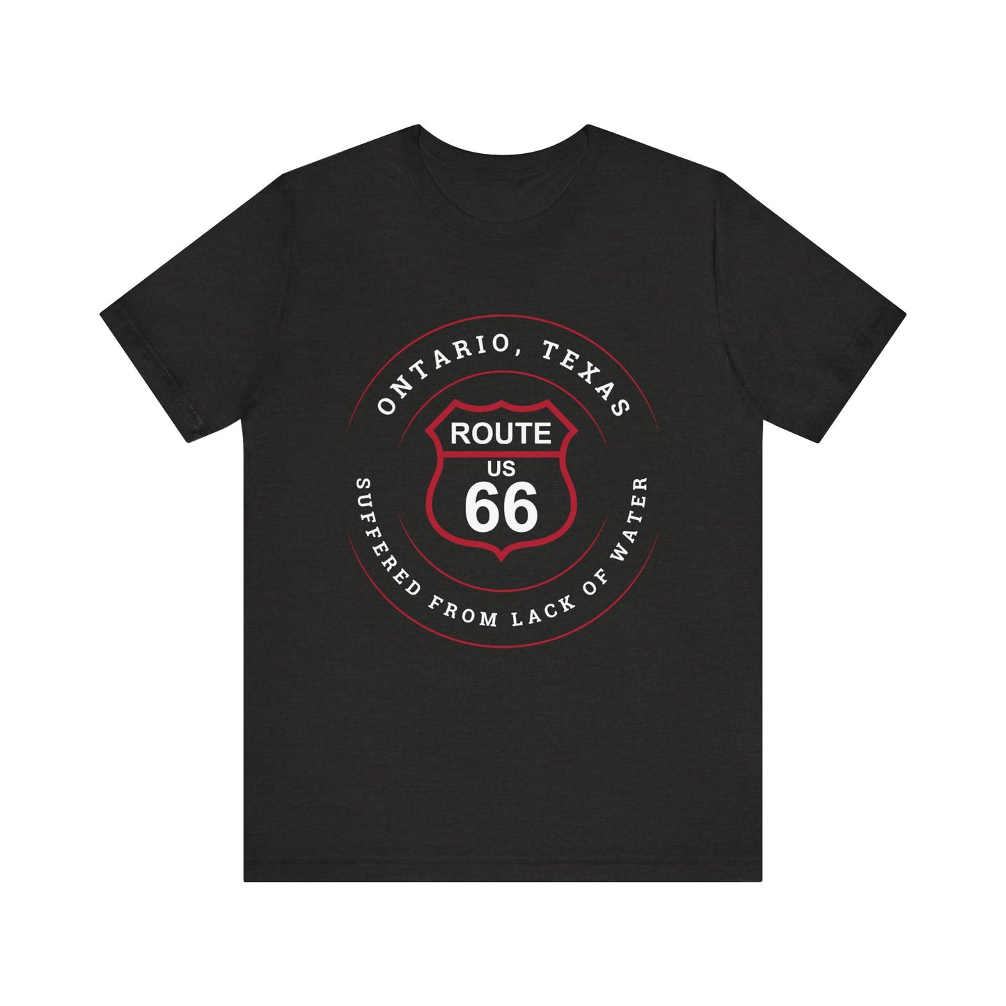 Black heather retro Route 66 unisex jersey tee with Ontario, TX: Suffered From Lack of Water graphic