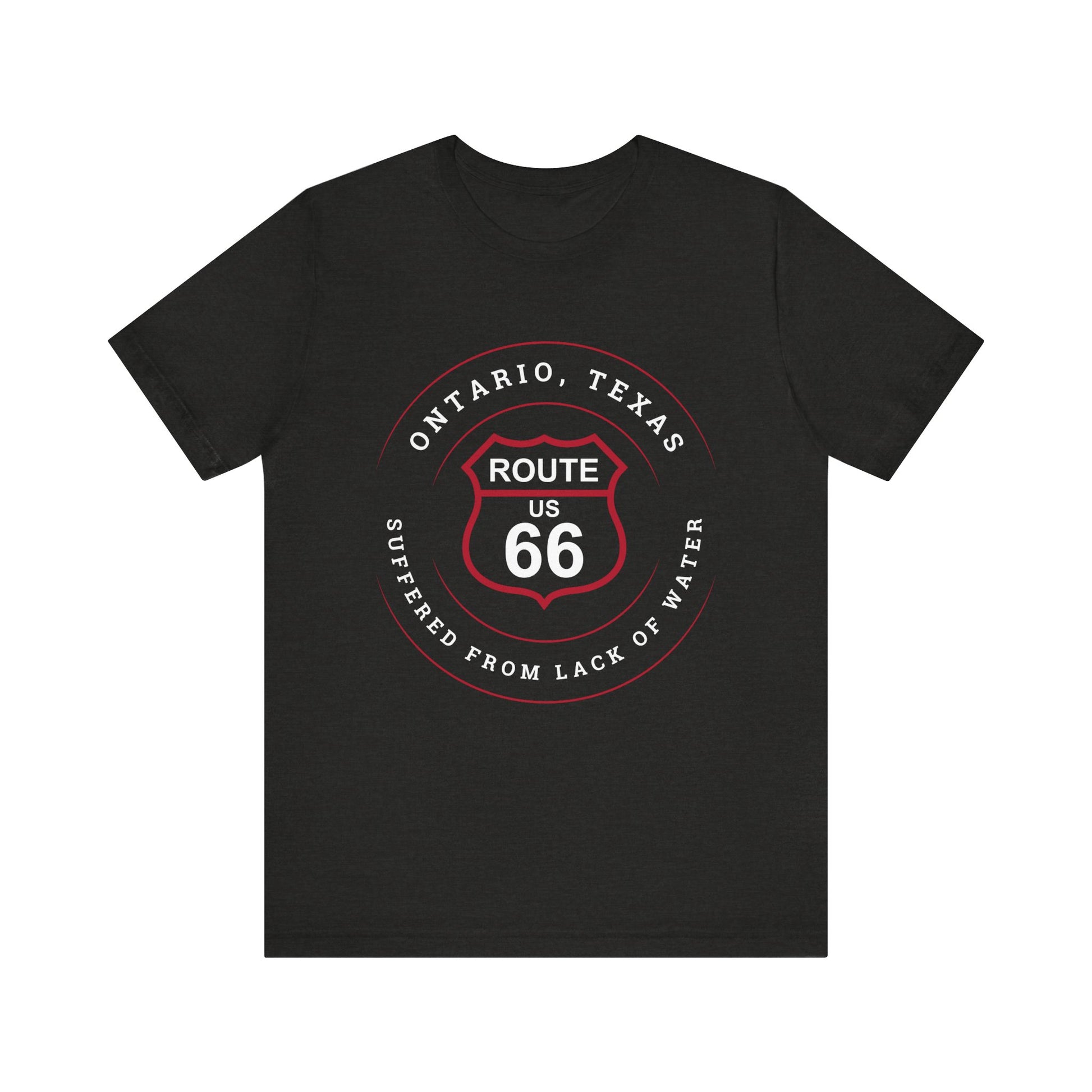 Black heather retro Route 66 unisex jersey tee with Ontario, TX: Suffered From Lack of Water graphic