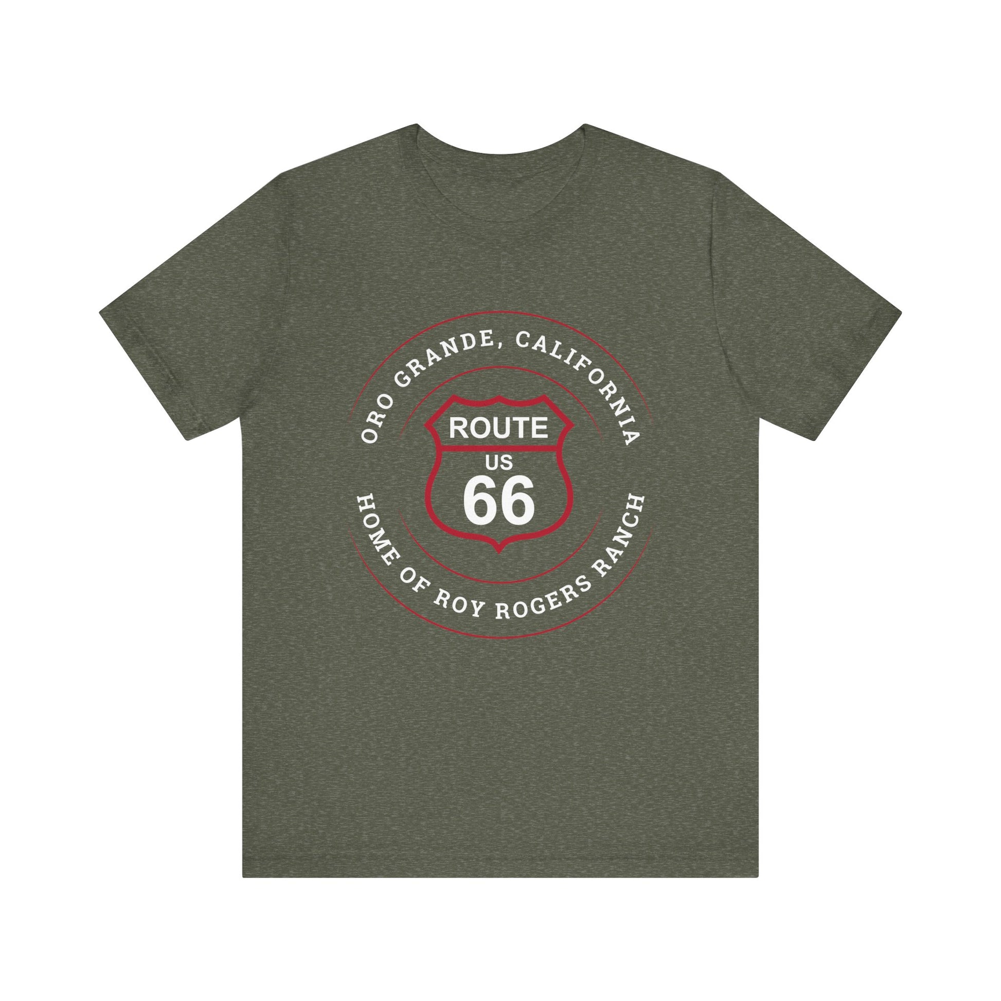 Heather military green retro Route 66 unisex jersey tee with Oro Grande, CA: "Home of Roy Rogers Ranch" design