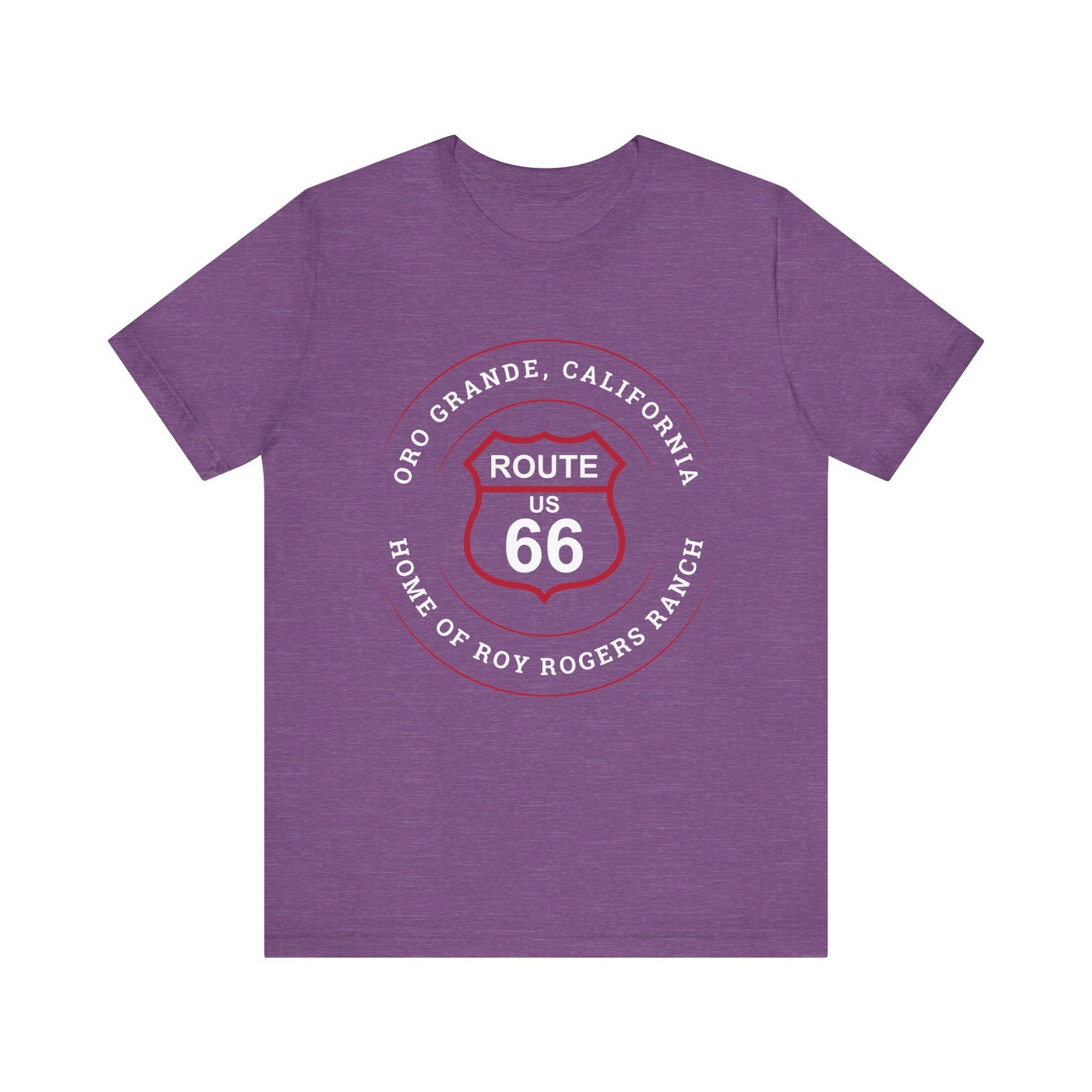 Heather team purple retro Route 66 unisex jersey tee with Oro Grande, CA: "Home of Roy Rogers Ranch" design