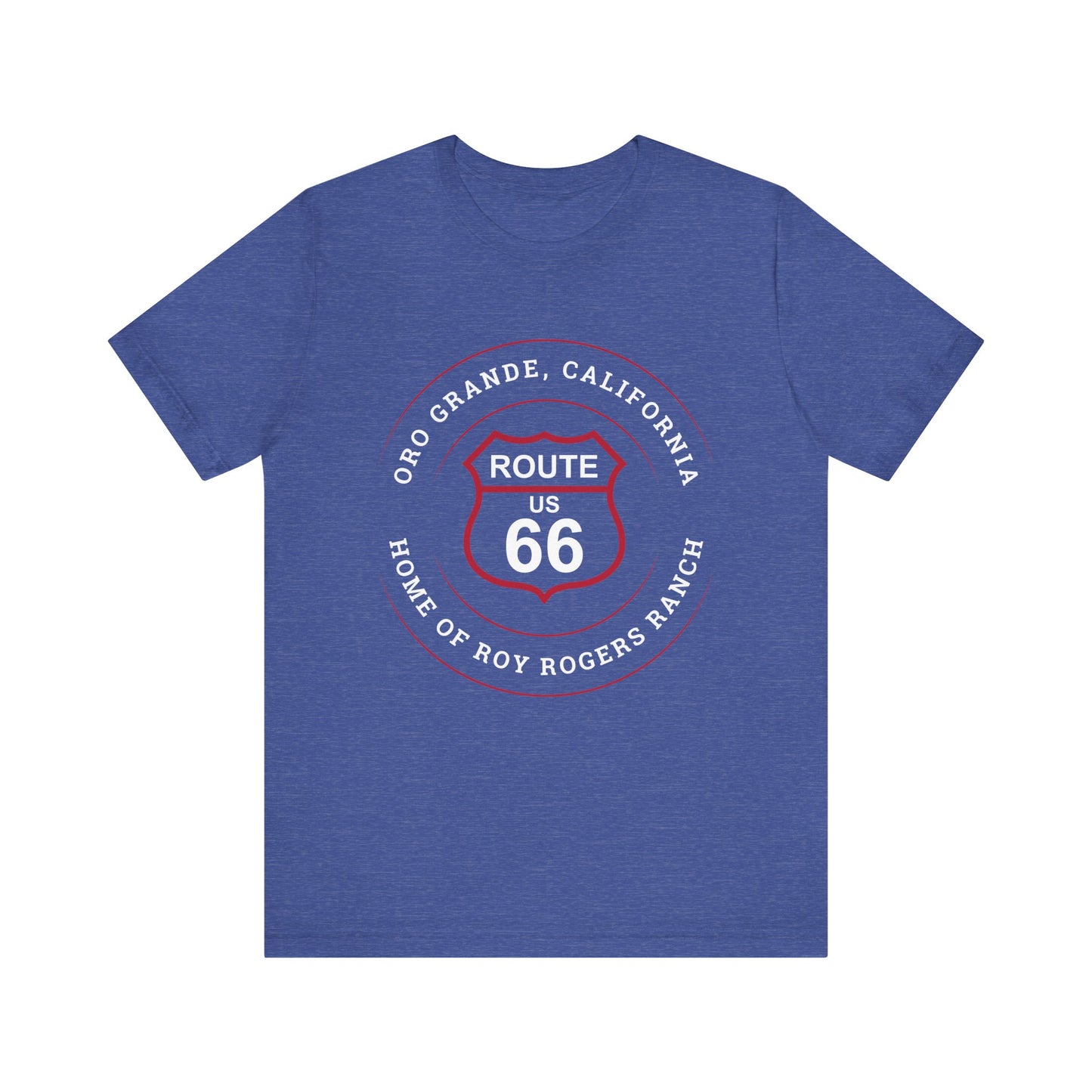 Heather true royal retro Route 66 unisex jersey tee with Oro Grande, CA: "Home of Roy Rogers Ranch" design