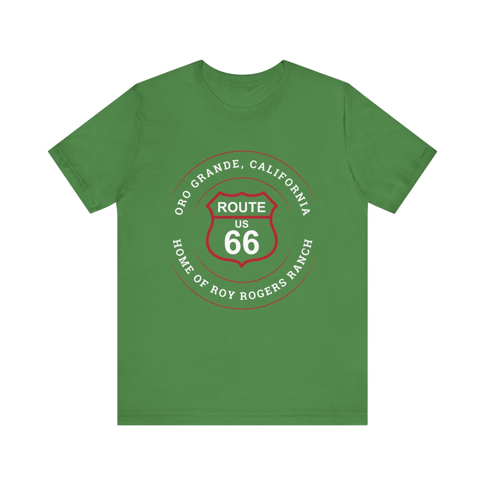 Leaf retro Route 66 unisex jersey tee with Oro Grande, CA: "Home of Roy Rogers Ranch" design