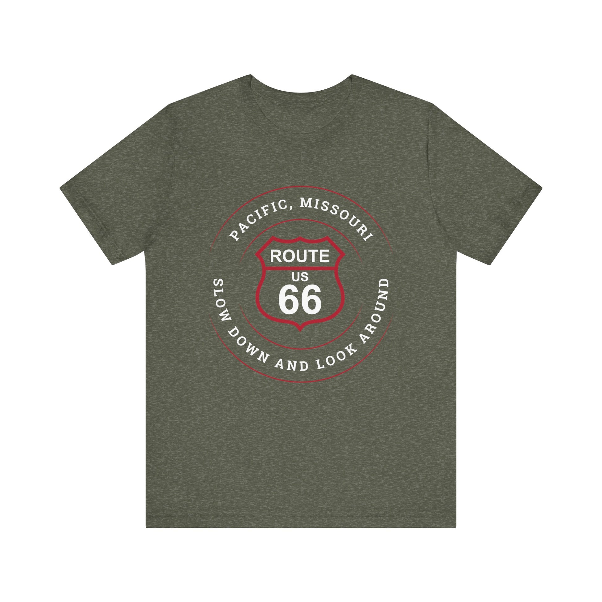 Heather military green retro Route 66 unisex jersey tee with Pacific, MO: "Slow Down And Look Around" design
