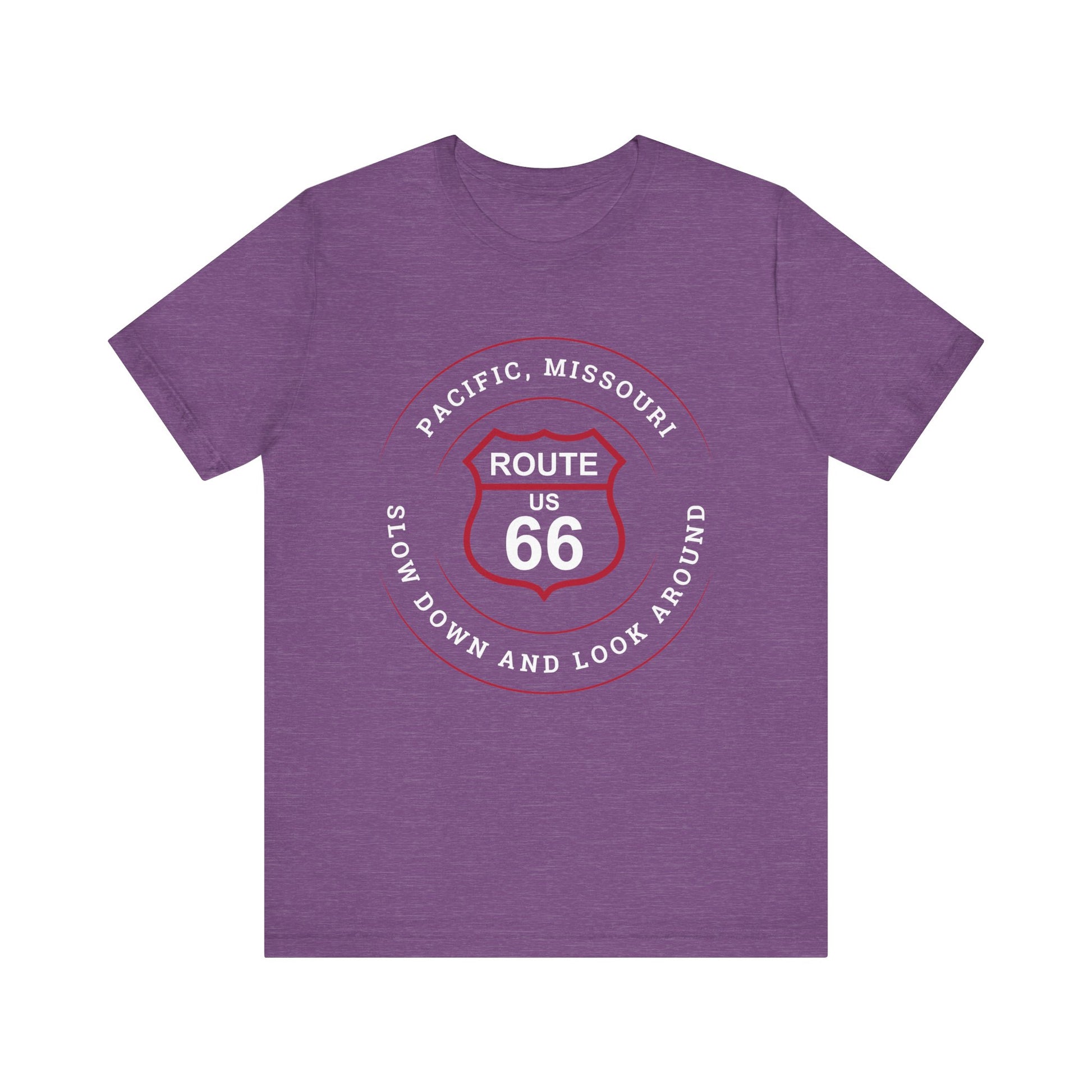 Heather team purple retro Route 66 unisex jersey tee with Pacific, MO: "Slow Down And Look Around" design