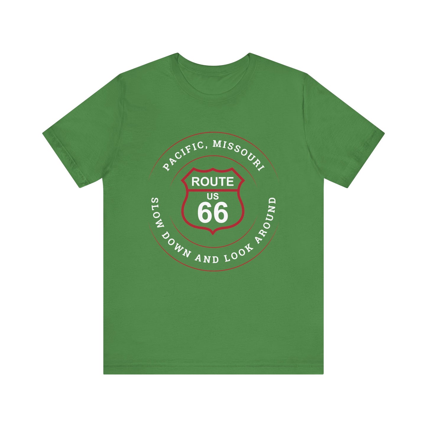 Leaf retro Route 66 unisex jersey tee with Pacific, MO: "Slow Down And Look Around" design
