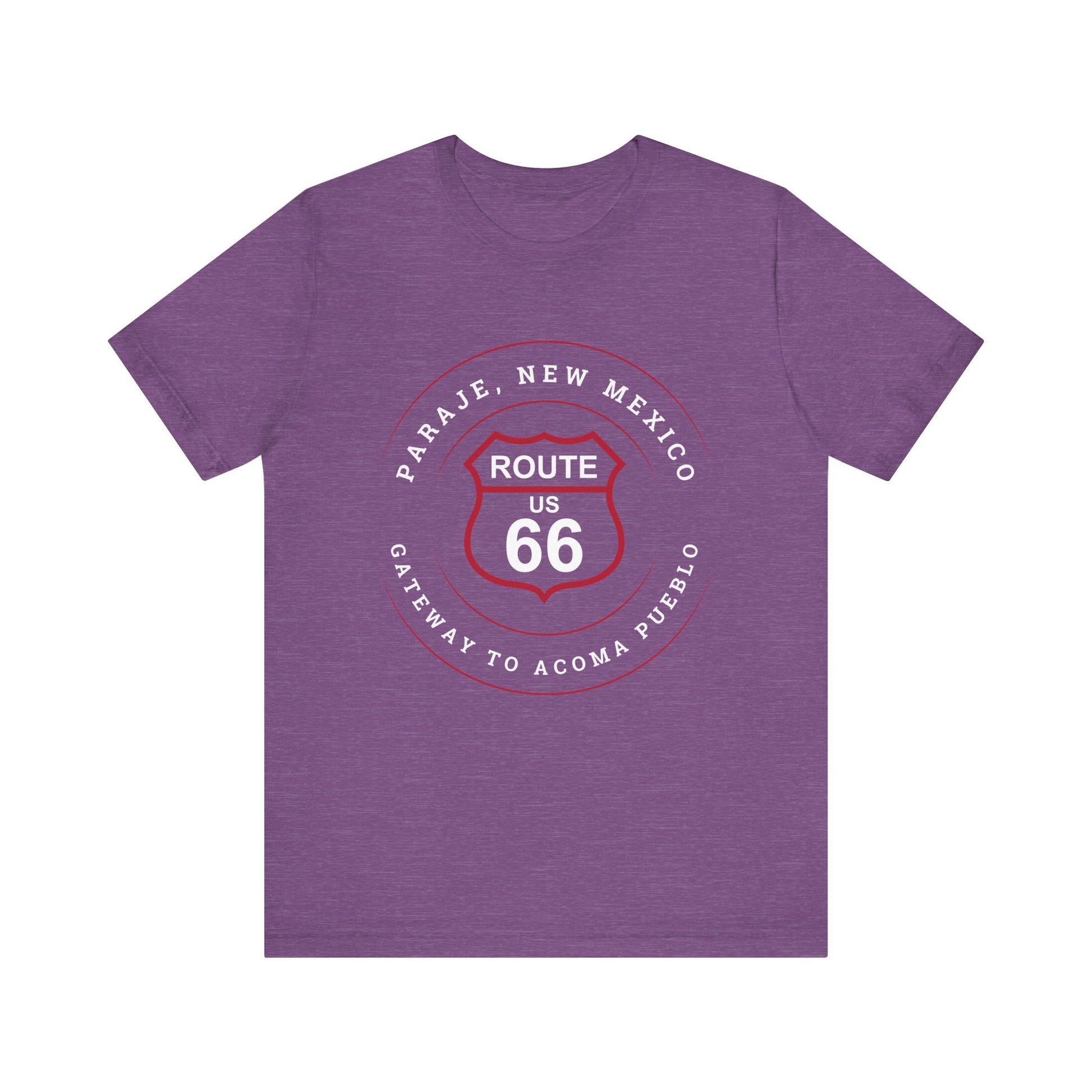 Heather team purple retro Route 66 unisex jersey tee with Paraje, NM: "Gateway to Acoma Pueblo" design