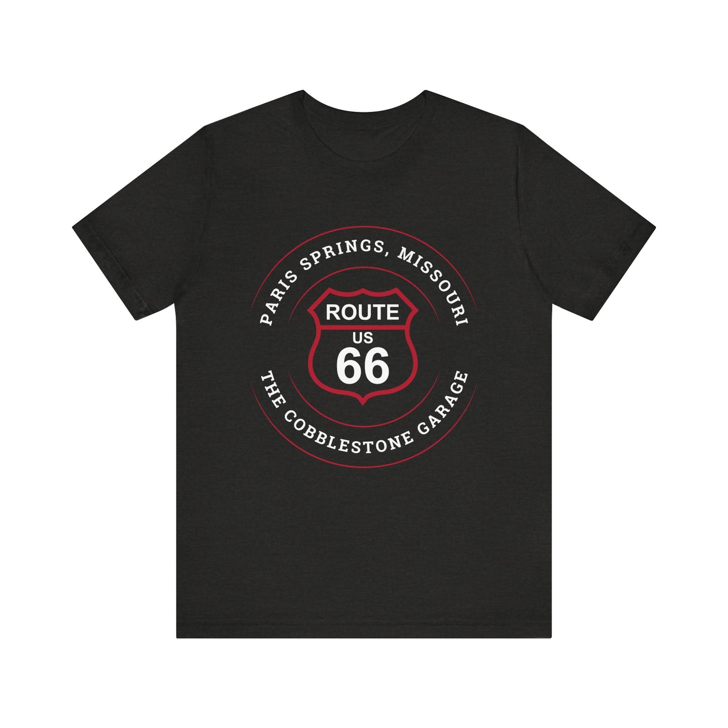 Black heather retro Route 66 unisex jersey tee with Paris Springs, MO "The Cobblestone Garage" design
