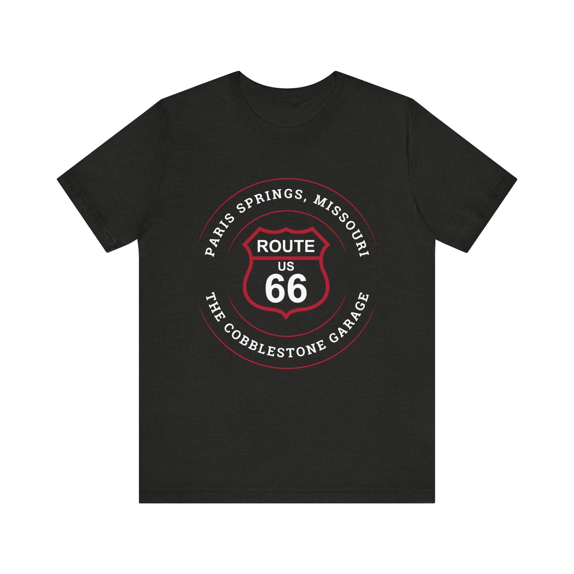 Black heather retro Route 66 unisex jersey tee with Paris Springs, MO "The Cobblestone Garage" design