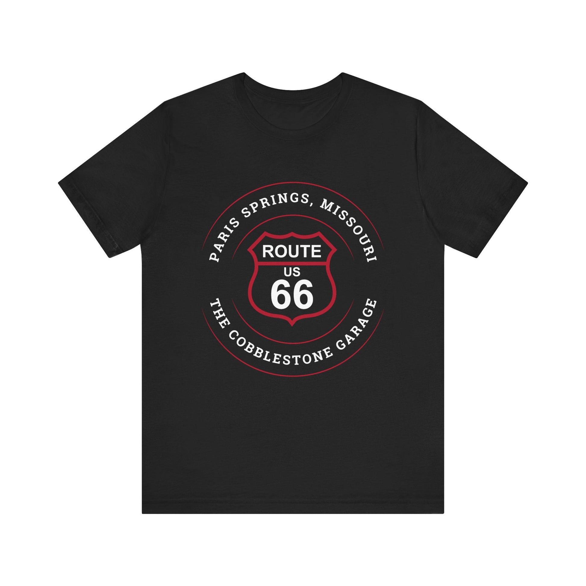 Black retro Route 66 unisex jersey tee with Paris Springs, MO "The Cobblestone Garage" design
