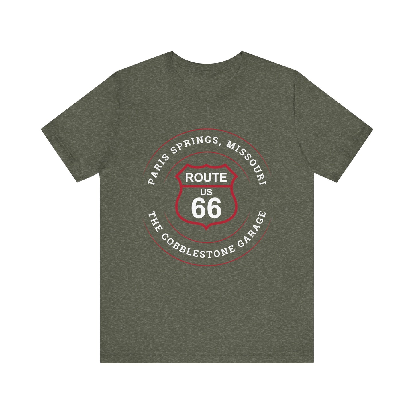 Heather military green retro Route 66 unisex jersey tee with Paris Springs, MO "The Cobblestone Garage" design