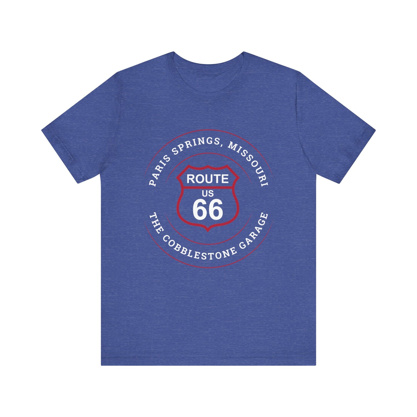 Heather true royal retro Route 66 unisex jersey tee with Paris Springs, MO "The Cobblestone Garage" design
