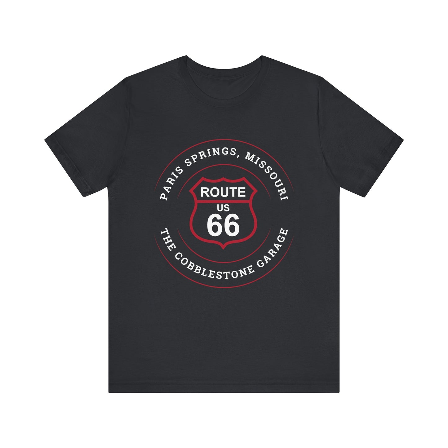 Vintage black retro Route 66 unisex jersey tee with Paris Springs, MO "The Cobblestone Garage" design