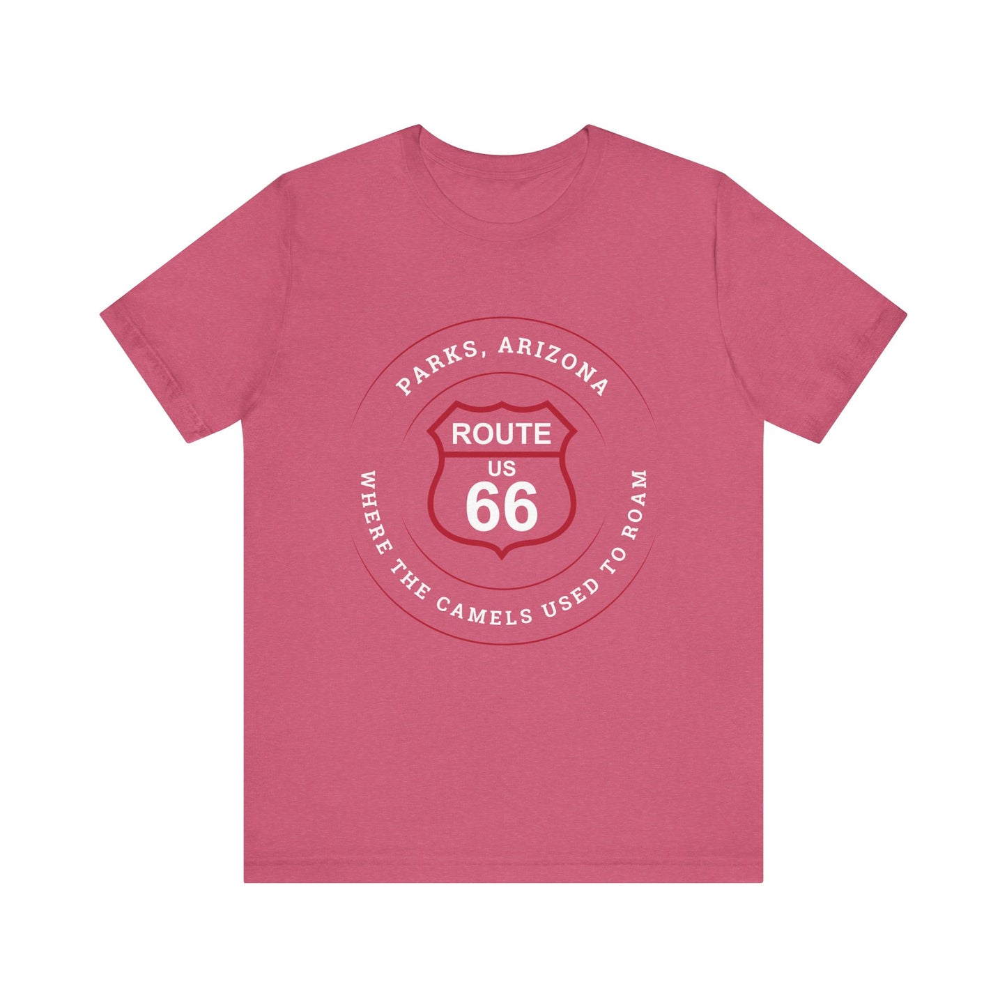 Heather raspberry retro Route 66 unisex jersey tee with Parks, AZ: "Where the Camels Used to Roam" design