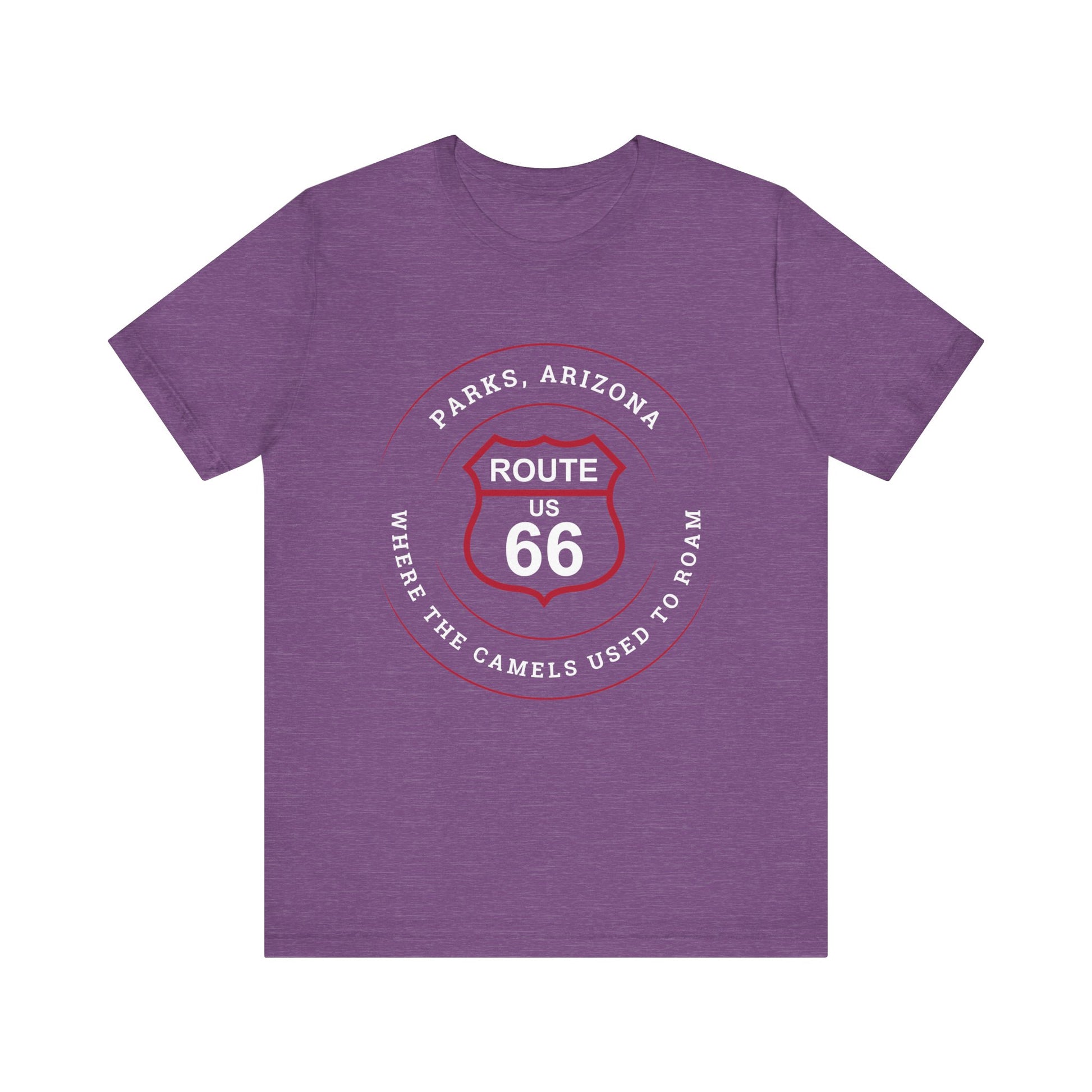 Heather team purple retro Route 66 unisex jersey tee with Parks, AZ: "Where the Camels Used to Roam" design