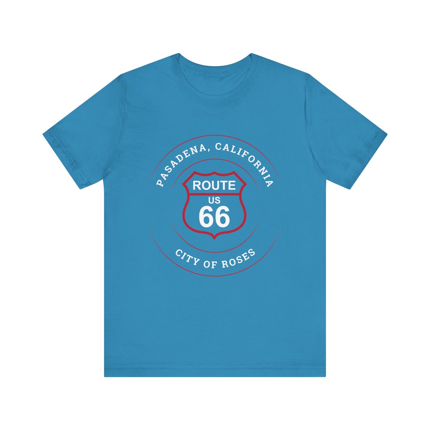 Aqua retro Route 66 unisex jersey tee with Pasadena, CA: "City of Roses" design