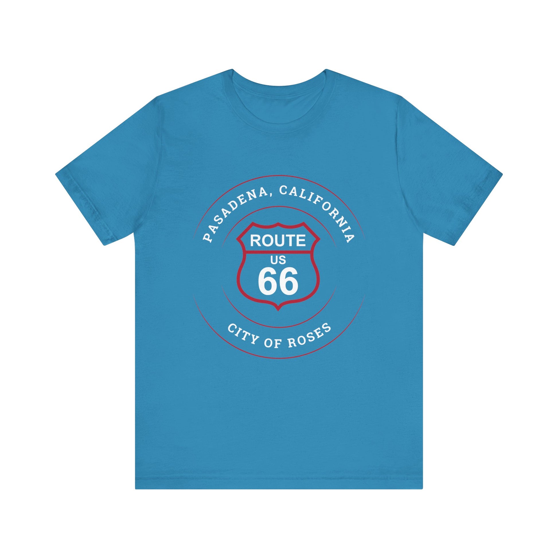 Aqua retro Route 66 unisex jersey tee with Pasadena, CA: "City of Roses" design