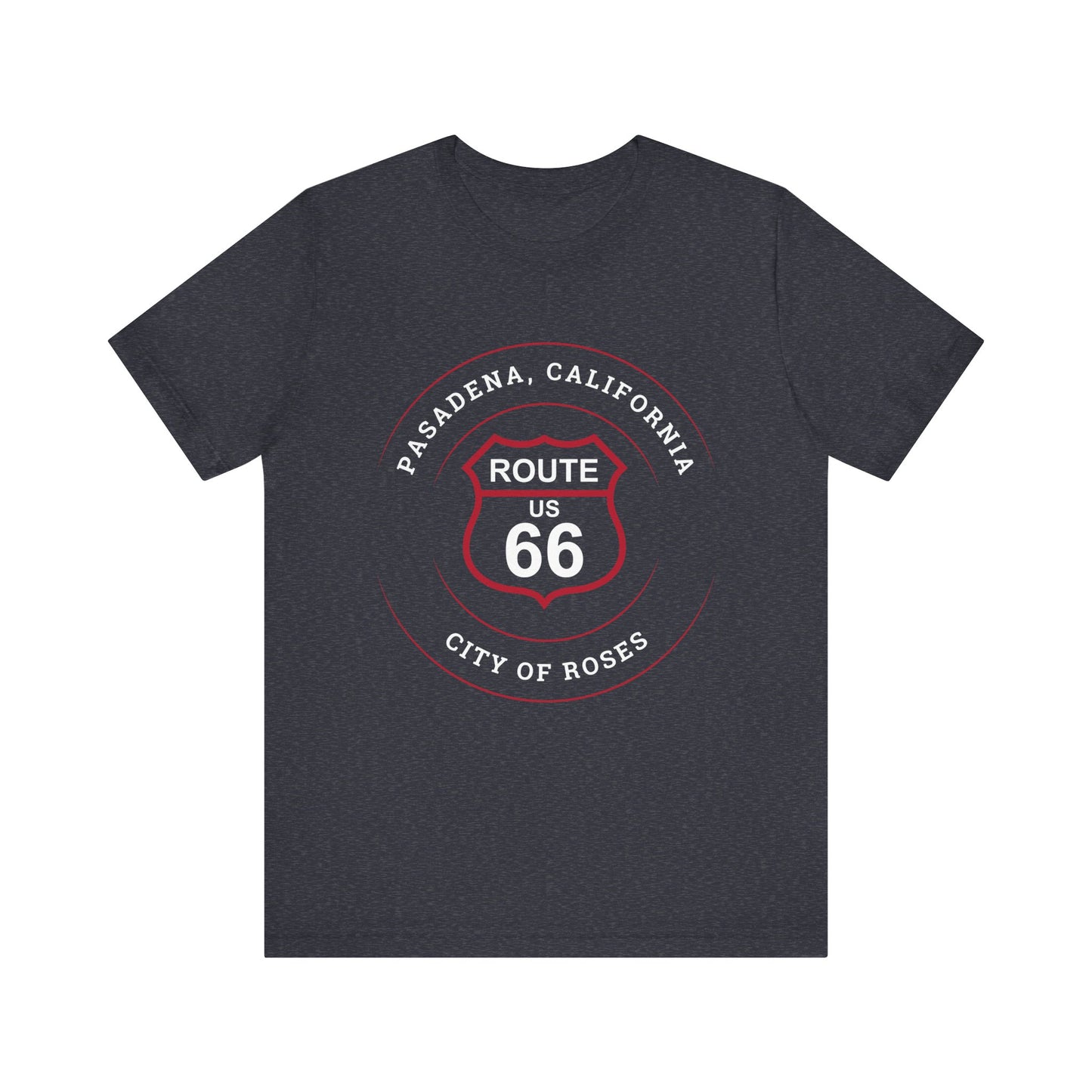 Heather navy retro Route 66 unisex jersey tee with Pasadena, CA: "City of Roses" design